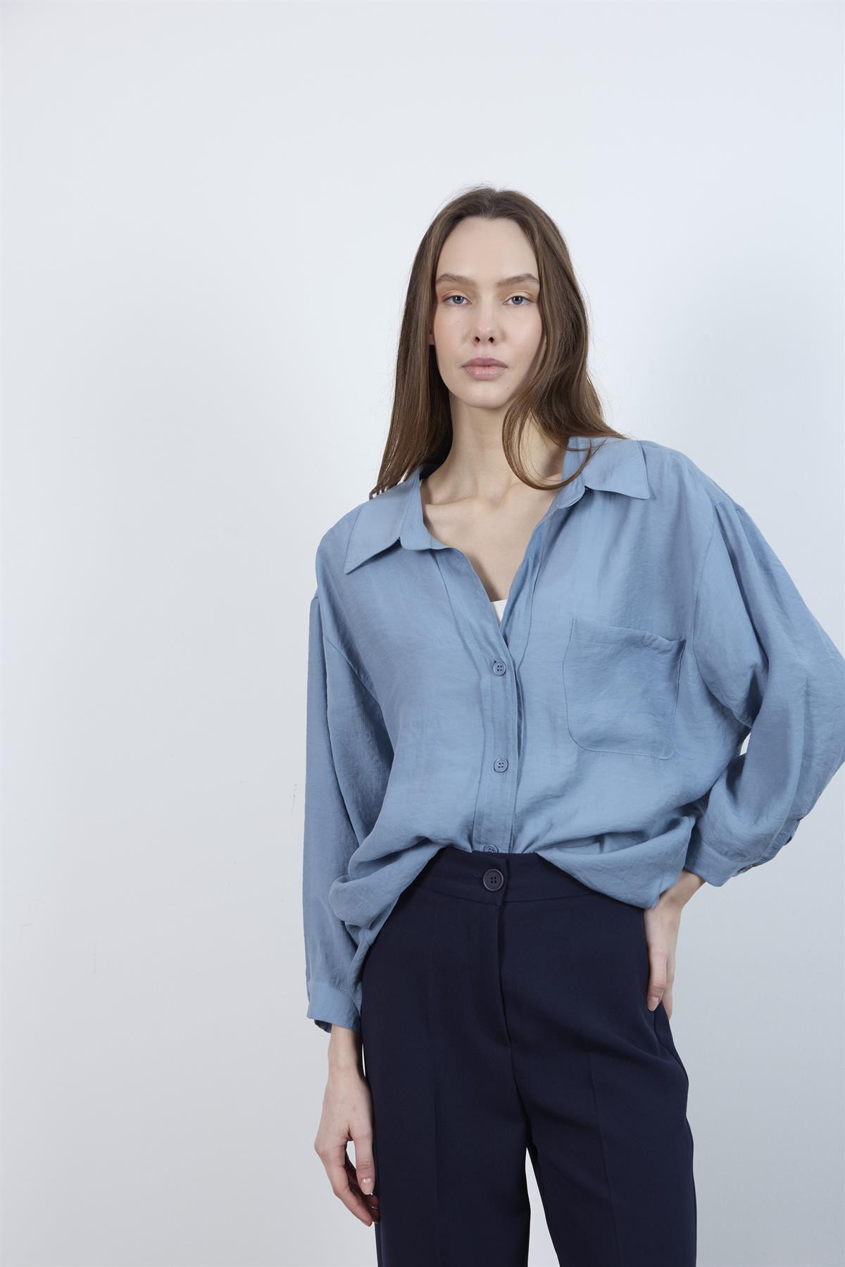 4612 DÜŞÜK OMUZLU OVERSİZE GÖMLEK GRİ-MAVİ
