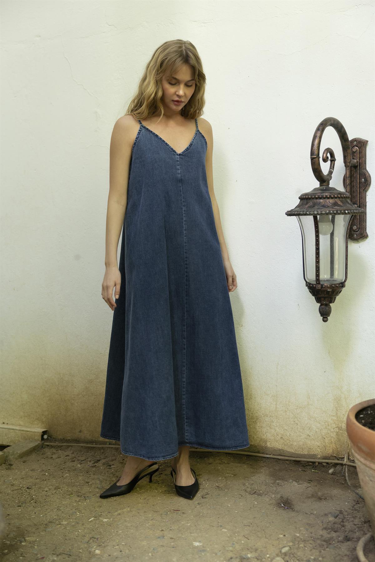 0091 İP ASKILI DENİM ELBİSE MAVİ