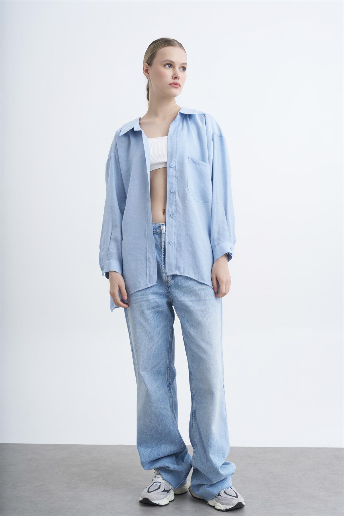 4612 DÜŞÜK OMUZLU OVERSİZE GÖMLEK AÇIK MAVİ