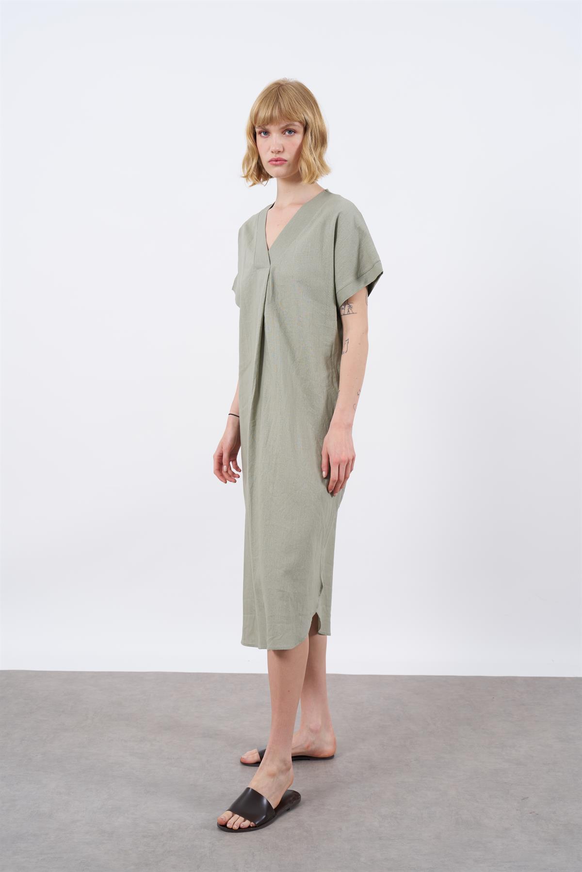 3131 KETEN ELBİSE(2835) ÇAĞLA YEŞİL