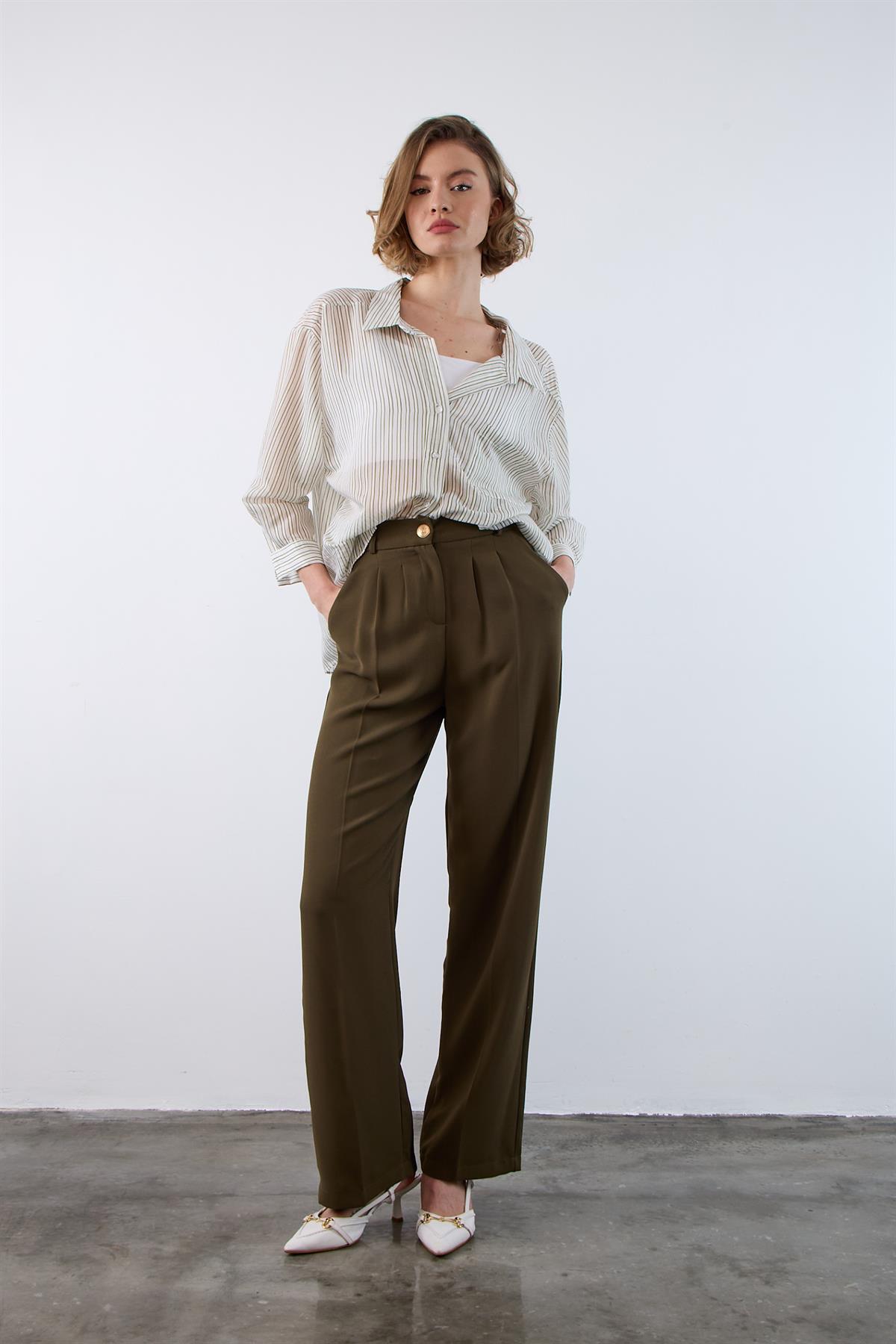 51078 PİLELİ PALAZZO PANTOLON KOYU HAKİ