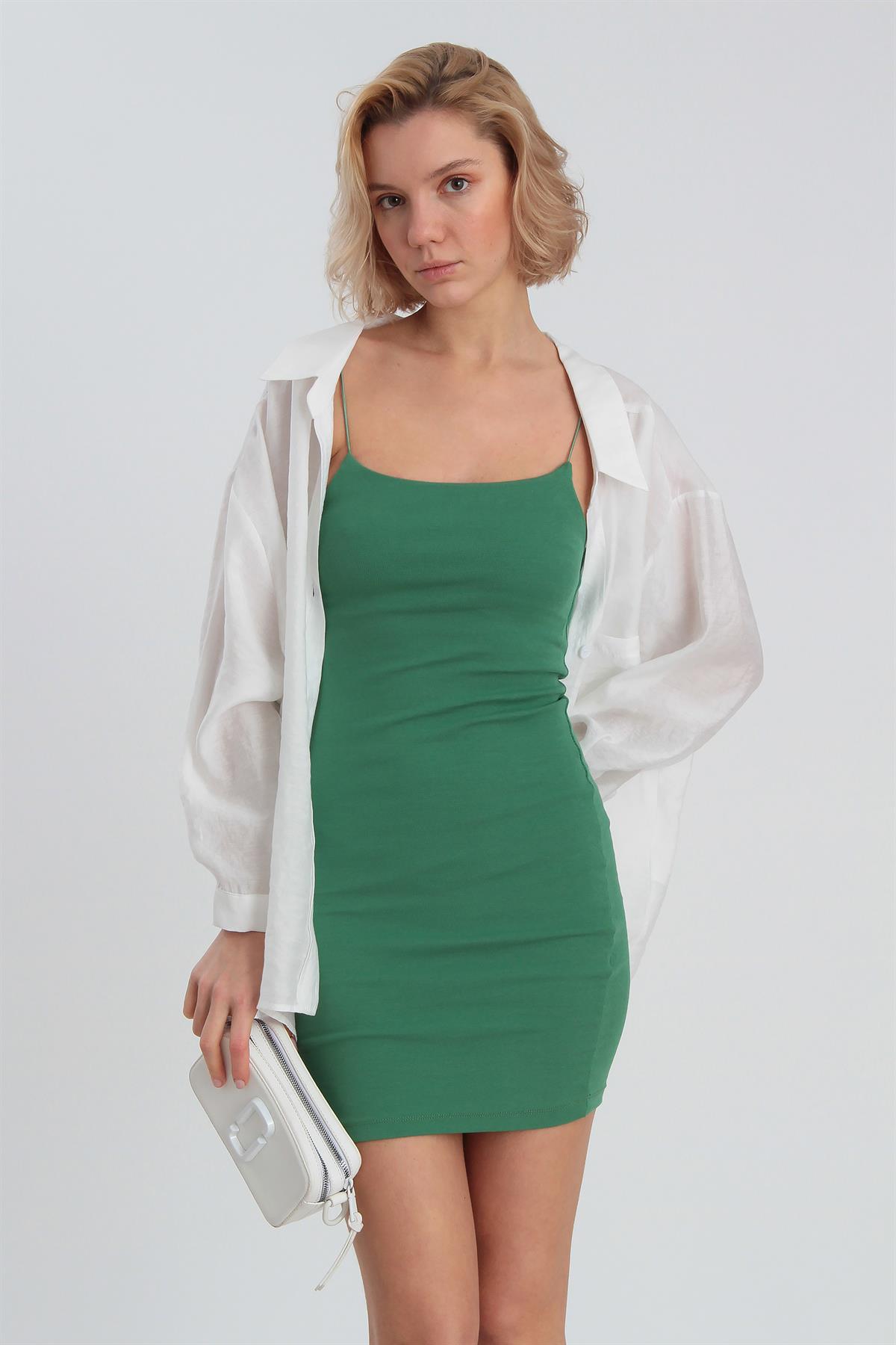 0045 İP ASKILI PAMUK ELBİSE YEŞİL