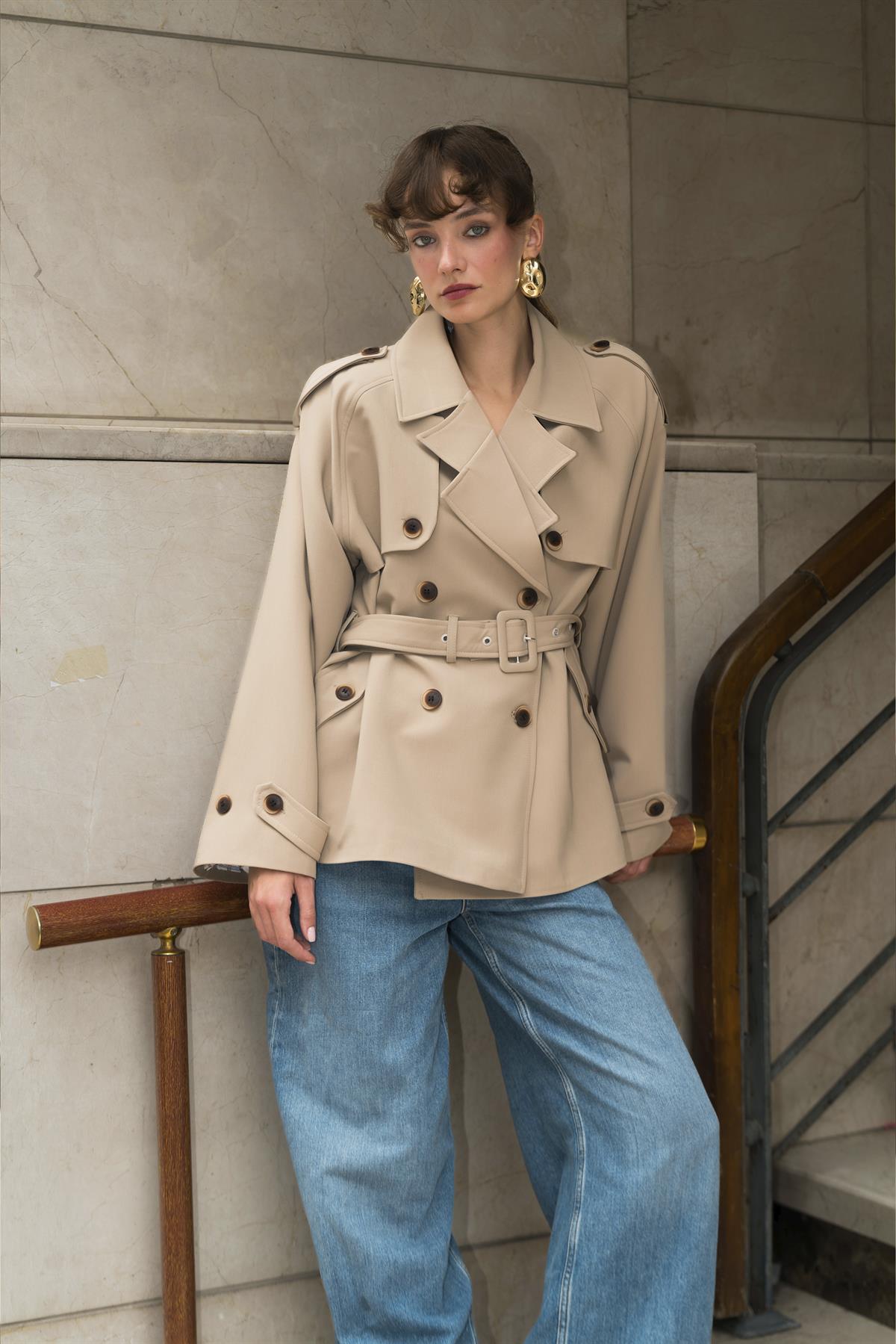 9587 ARA YAKALI TRENÇ CAMEL