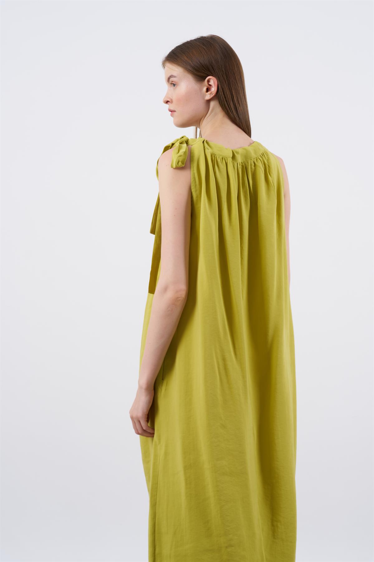 3213 OMUZDAN BAĞLAMALI ELBİSE HARDAL