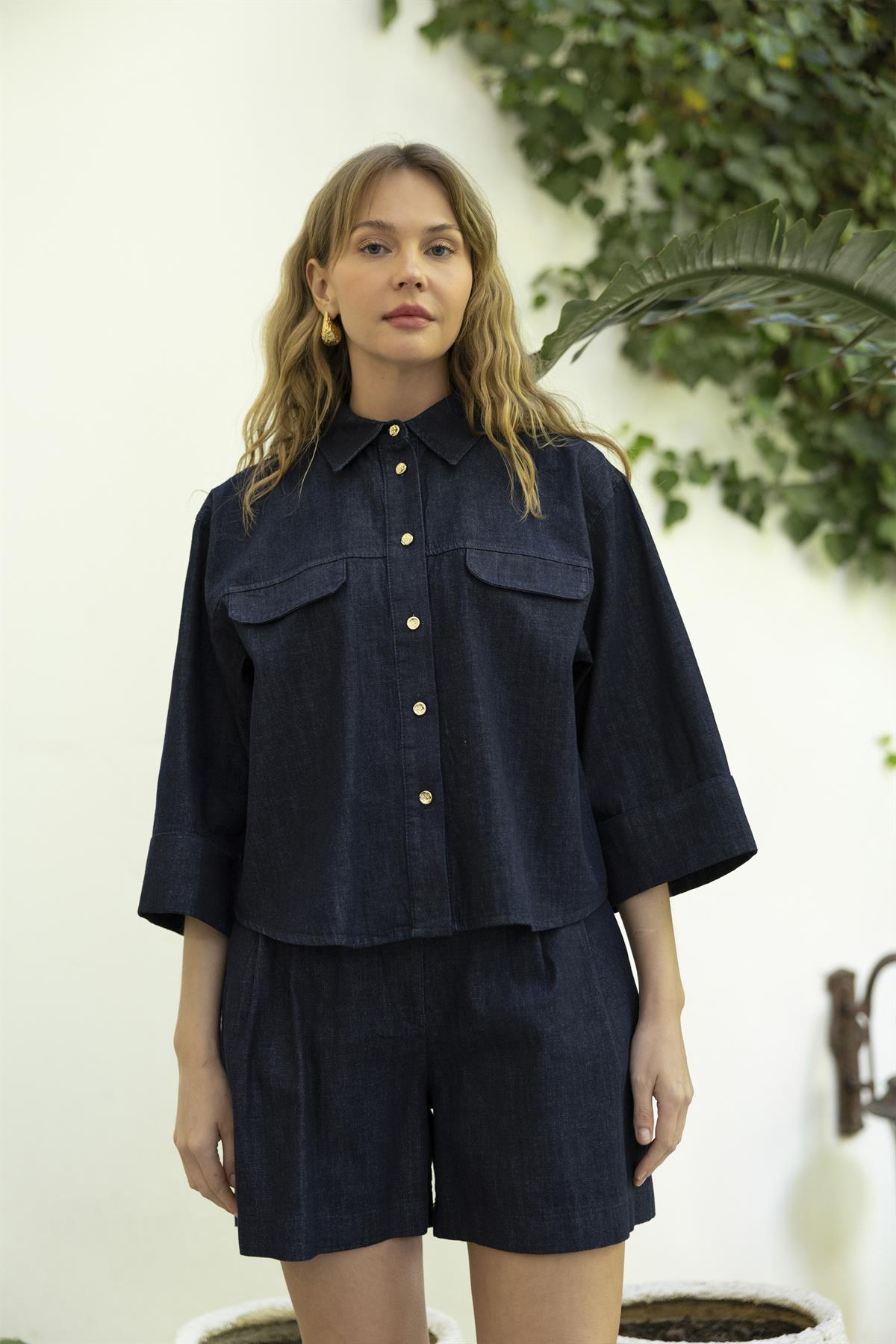 0092 DENİM GÖMLEK ŞORT TAKIM LACİVERT