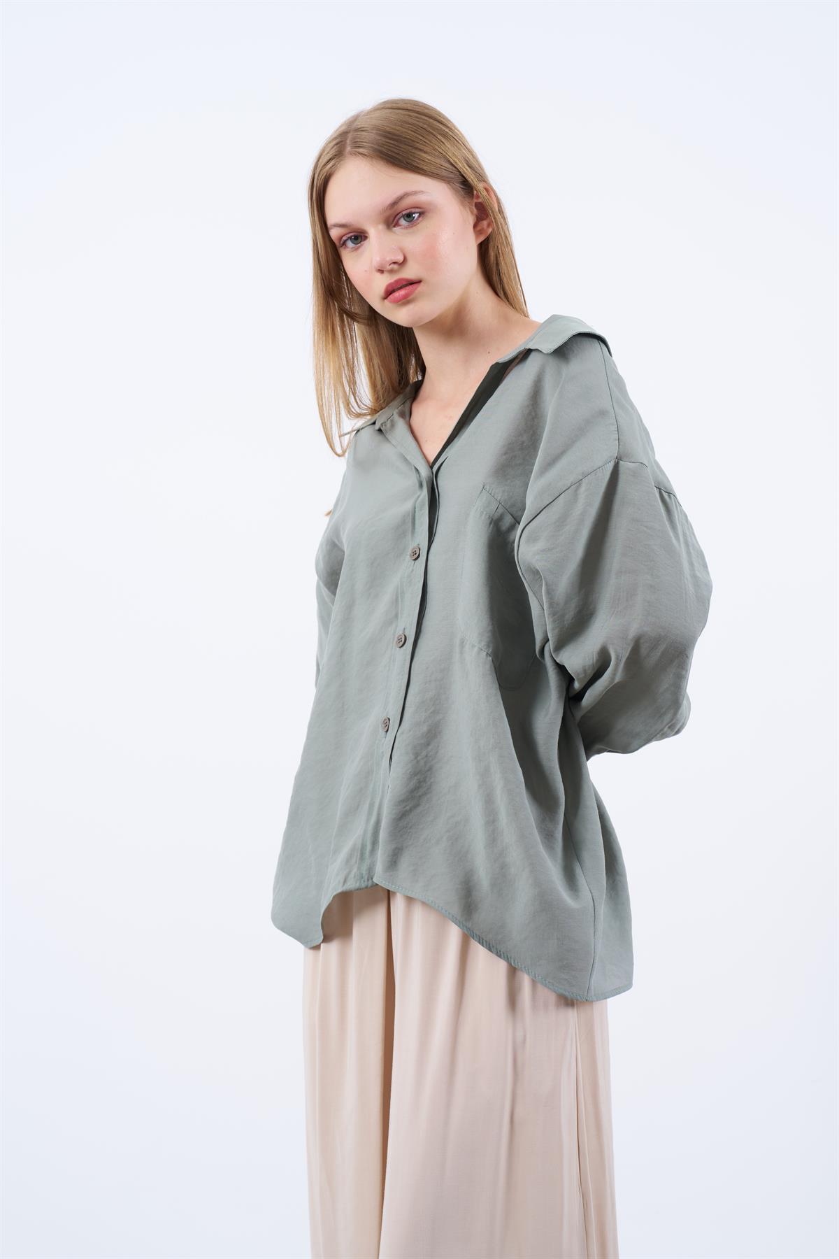 4612 DÜŞÜK OMUZLU OVERSİZE GÖMLEK ÇAĞLA YEŞİL