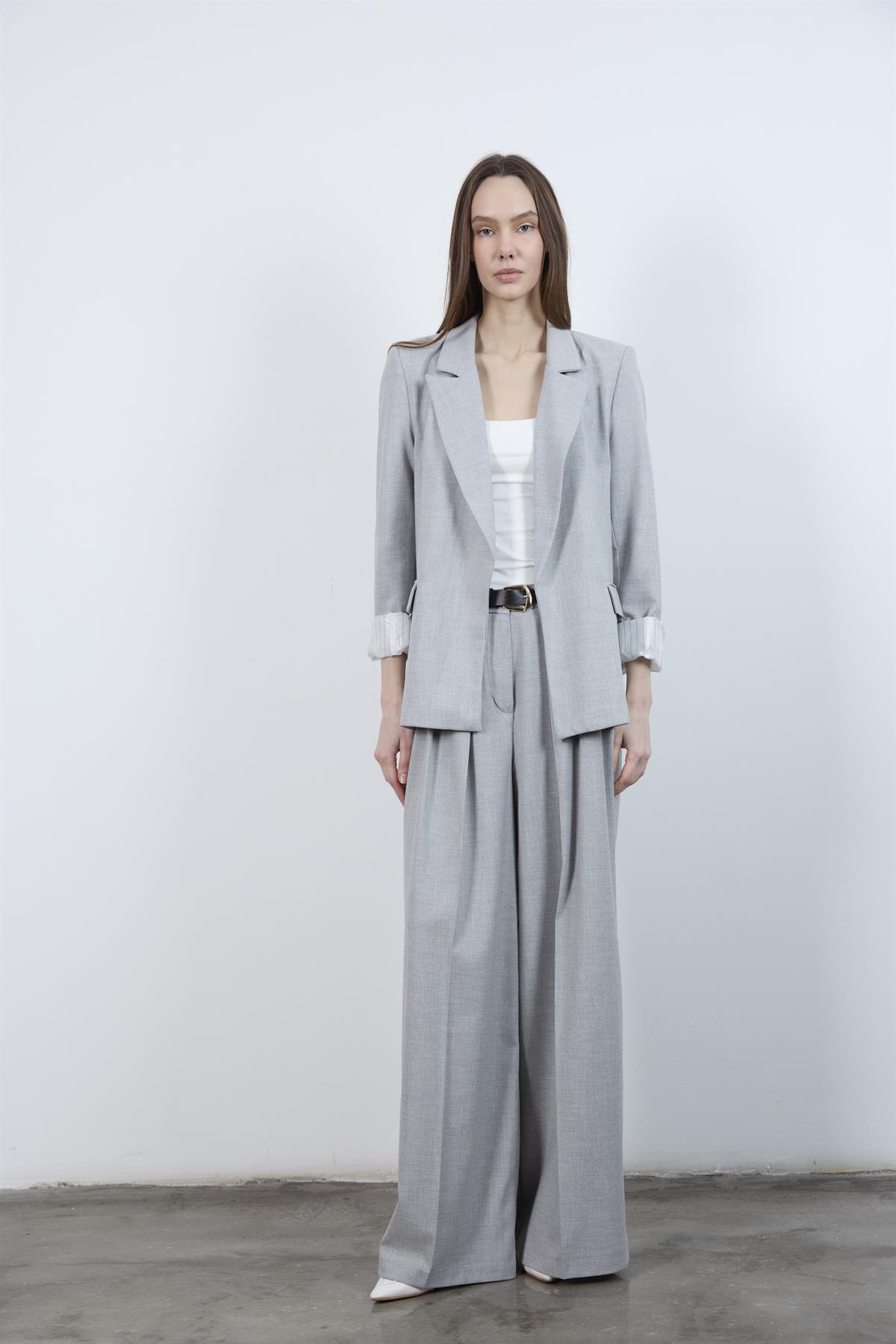 51070 PİLİLİ PALAZZO KEMERLİ PANTOLON GRİ