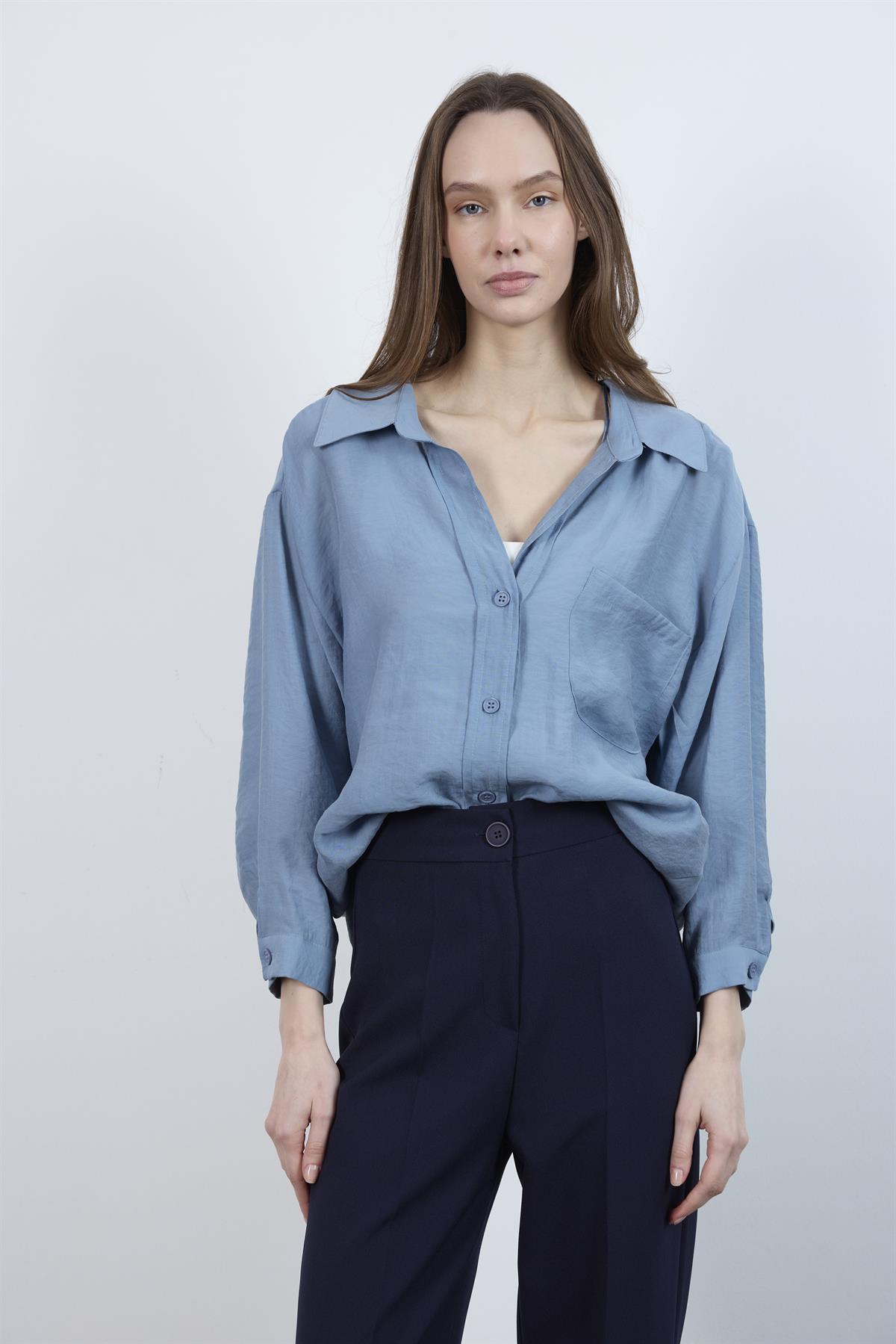 4612 DÜŞÜK OMUZLU OVERSİZE GÖMLEK GRİ-MAVİ