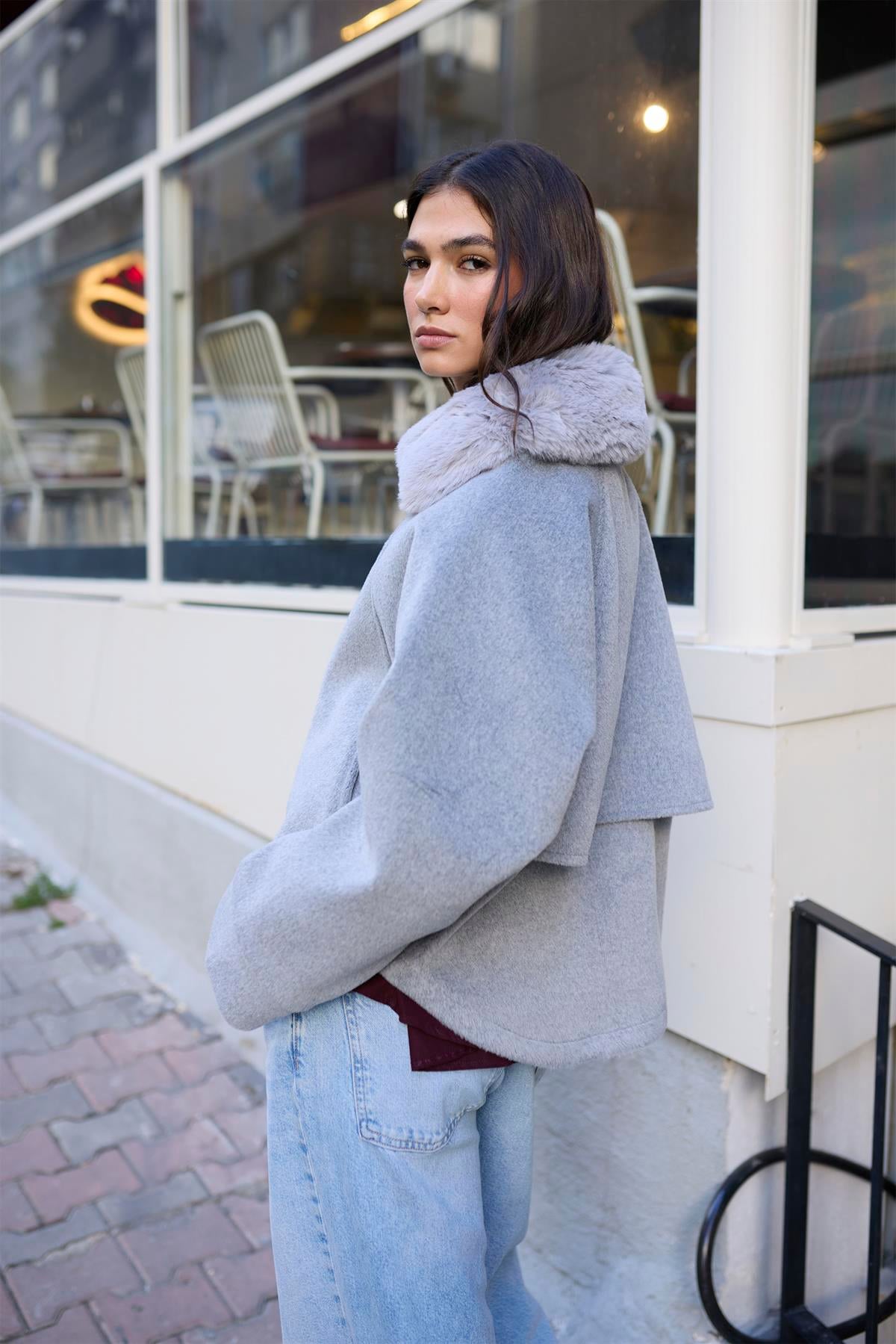 9660 YAKA KÜRKLÜ KAŞE MONT GRİ