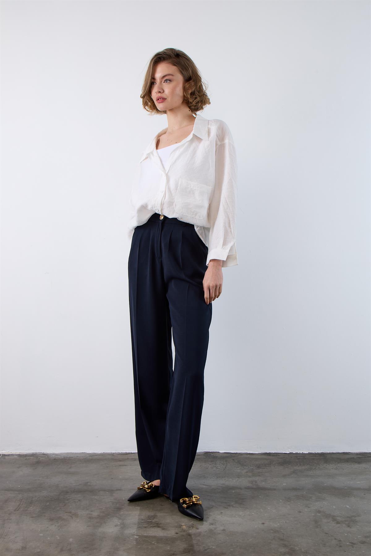 51078 PİLELİ PALAZZO PANTOLON LACİVERT