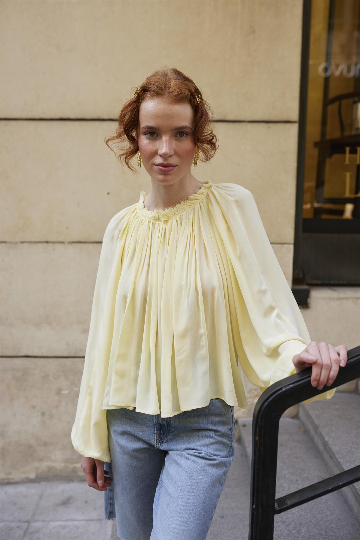 4959 YAKASI BÜZGÜLÜ BLUZ SARI