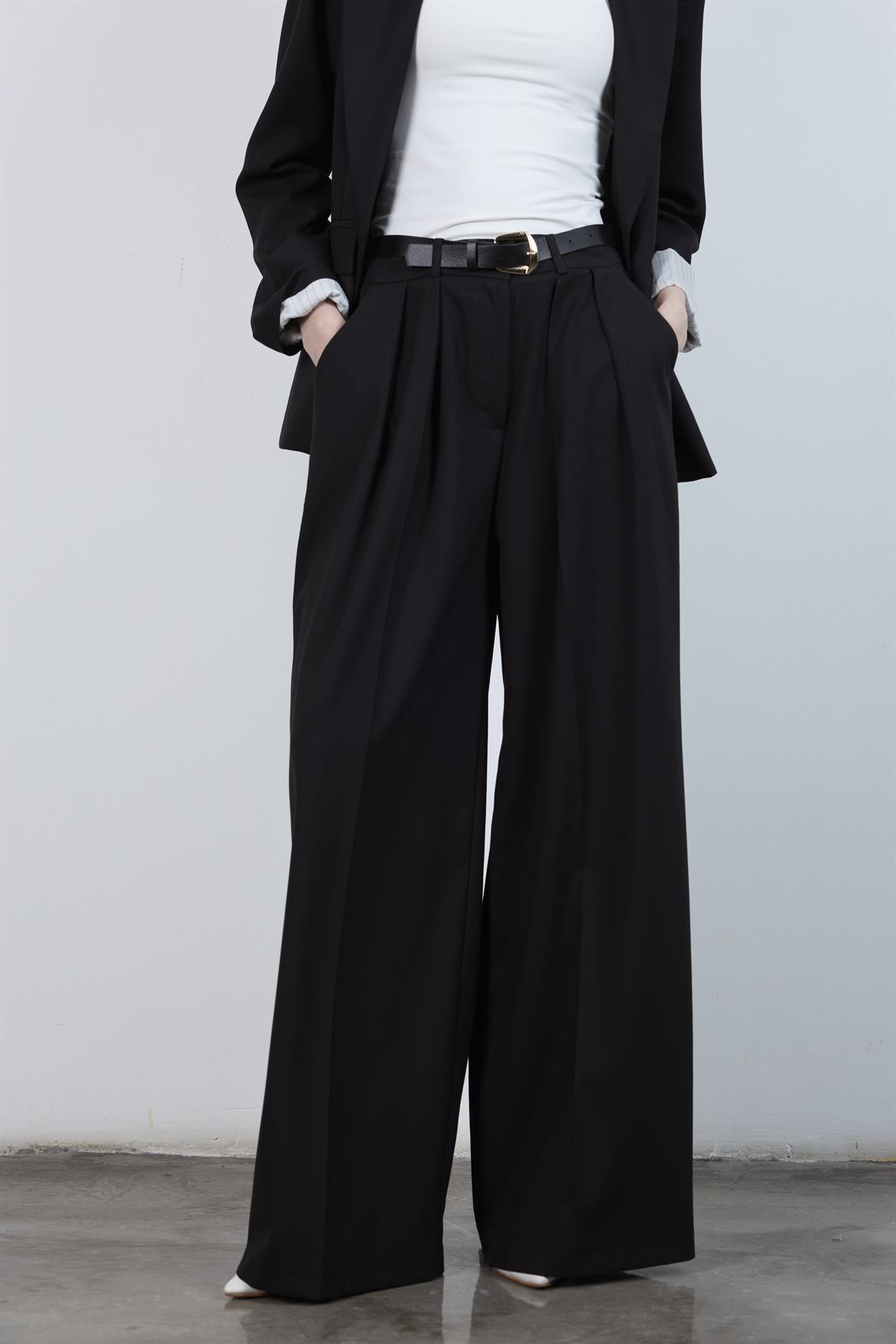 51070 PİLİLİ PALAZZO KEMERLİ PANTOLON SİYAH