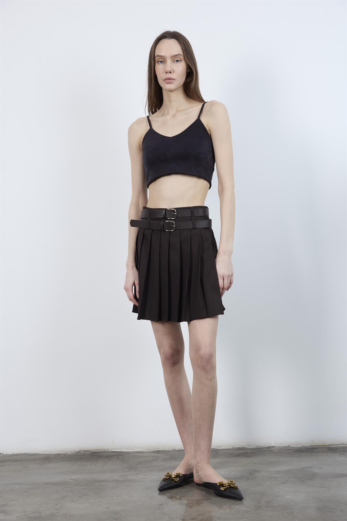 3239 PİLİLİ ÇİFT KEMERLİ ETEK KOYU KAHVE