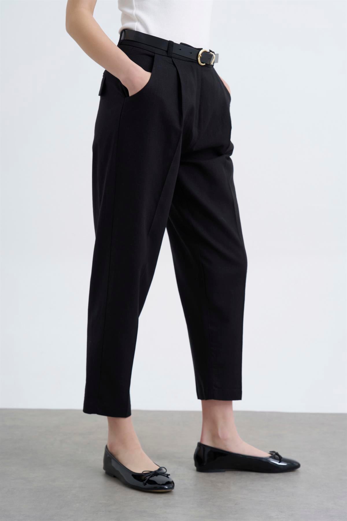 50985 KEMERLİ KETEN PANTOLON SİYAH