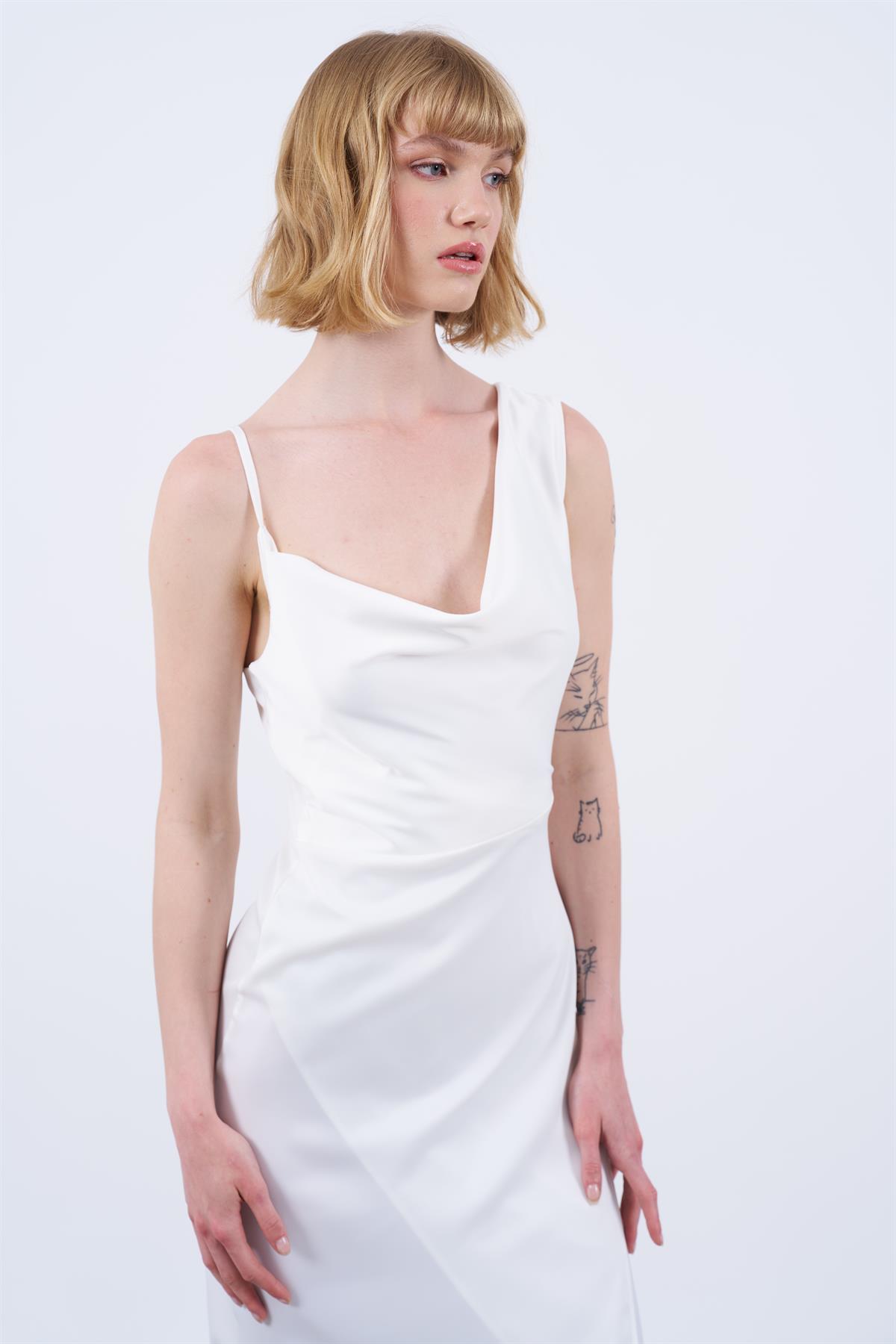 3174 DEGAJE ASKILI ELBİSE(3157) BEYAZ