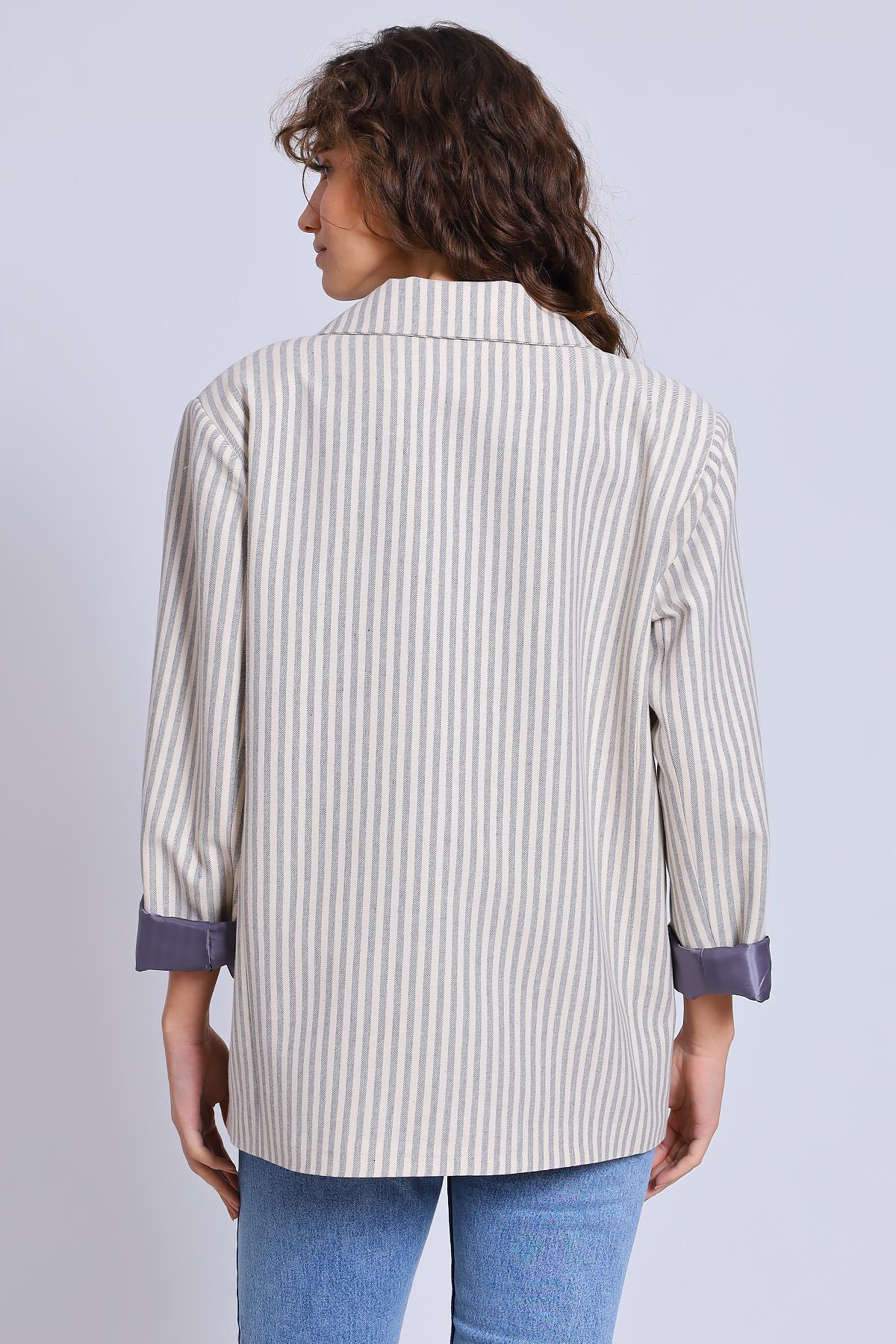 9421 ÇİZGİLİ KETEN CEKET TAŞ-GRİ