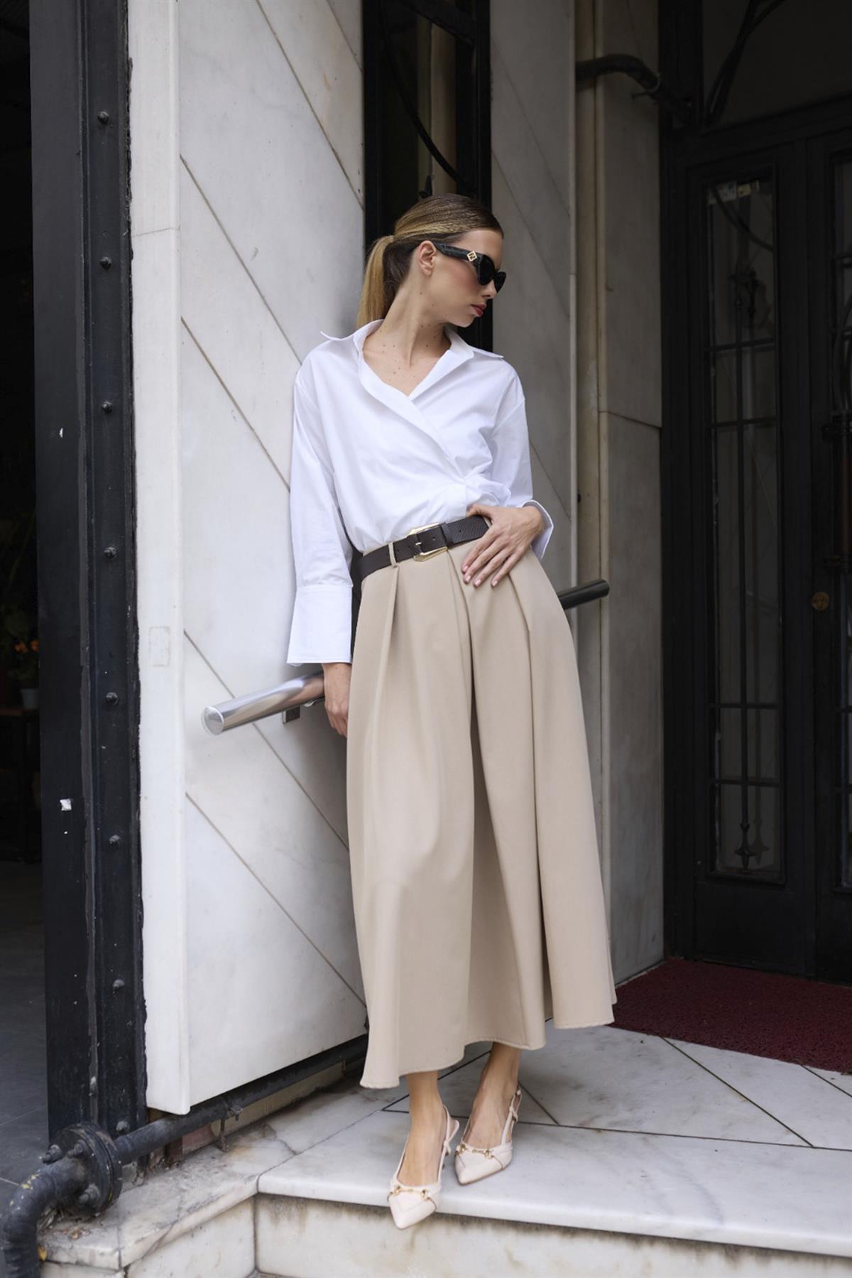 3360 POLİVİSKON KEMERLİ ETEK CAMEL