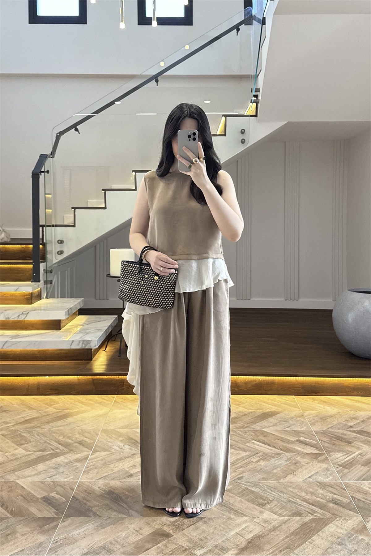 51391 GARNİLİ BLUZ PANTOLON TAKIM VİZON