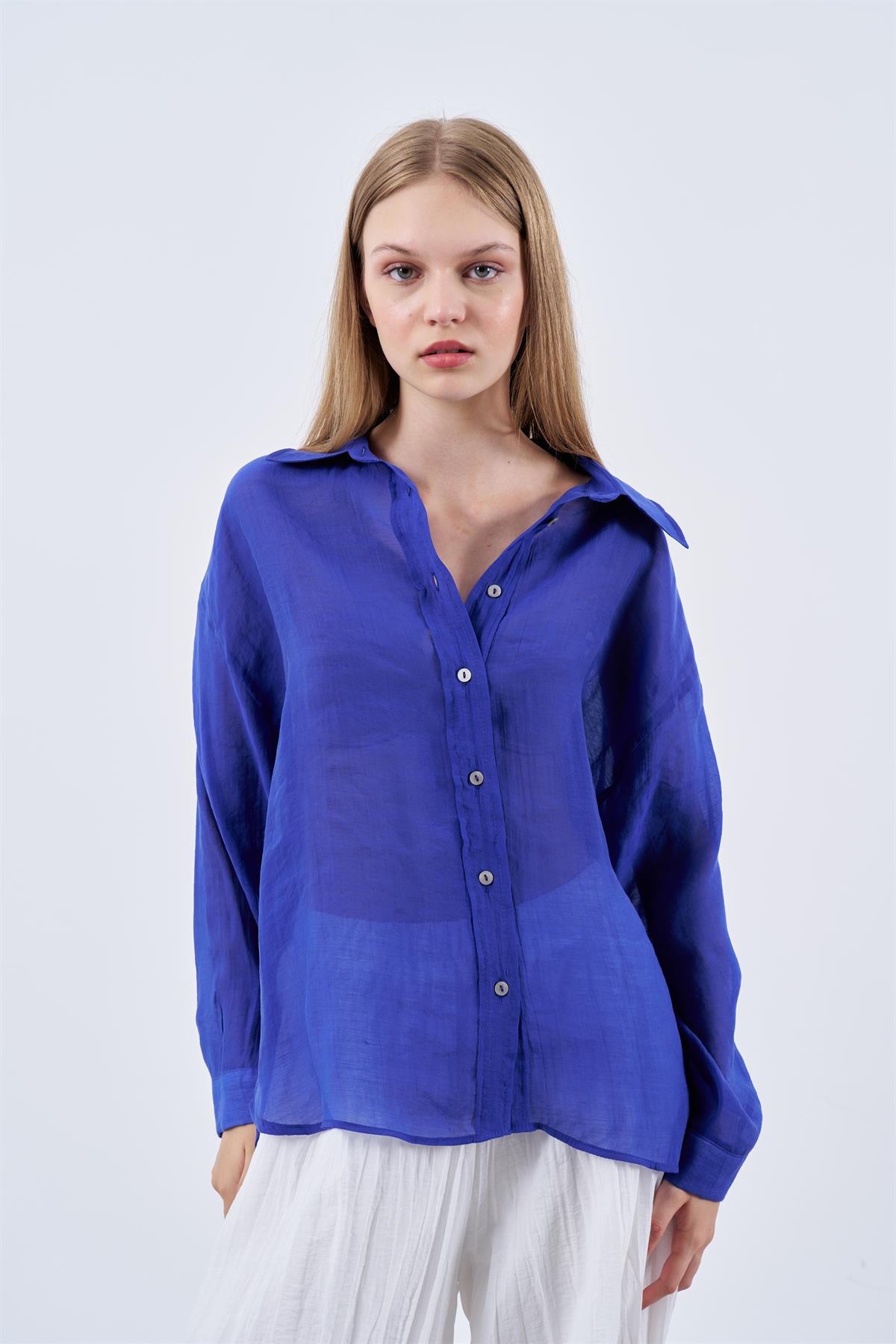 4924 OVERSIZE İPEKSİ GÖMLEK LACİVERT