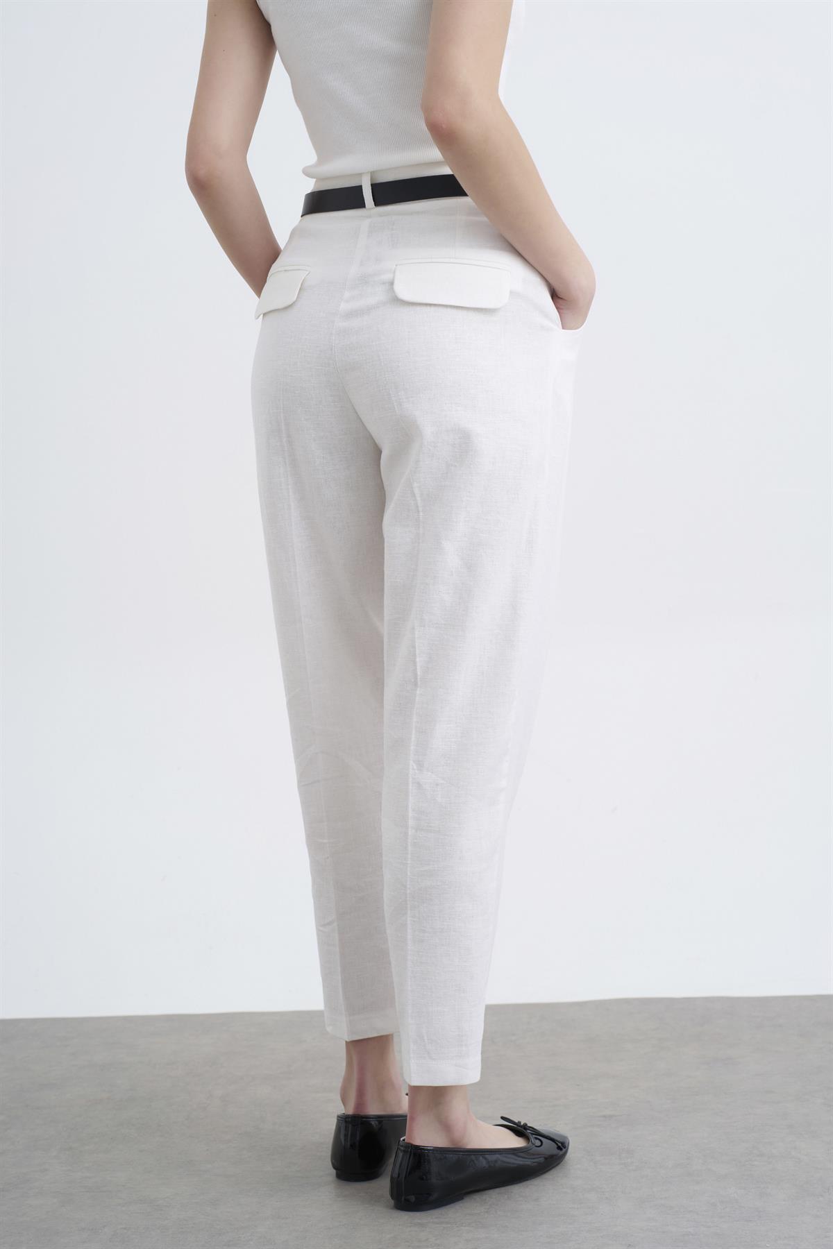 50985 KEMERLİ KETEN PANTOLON BEYAZ
