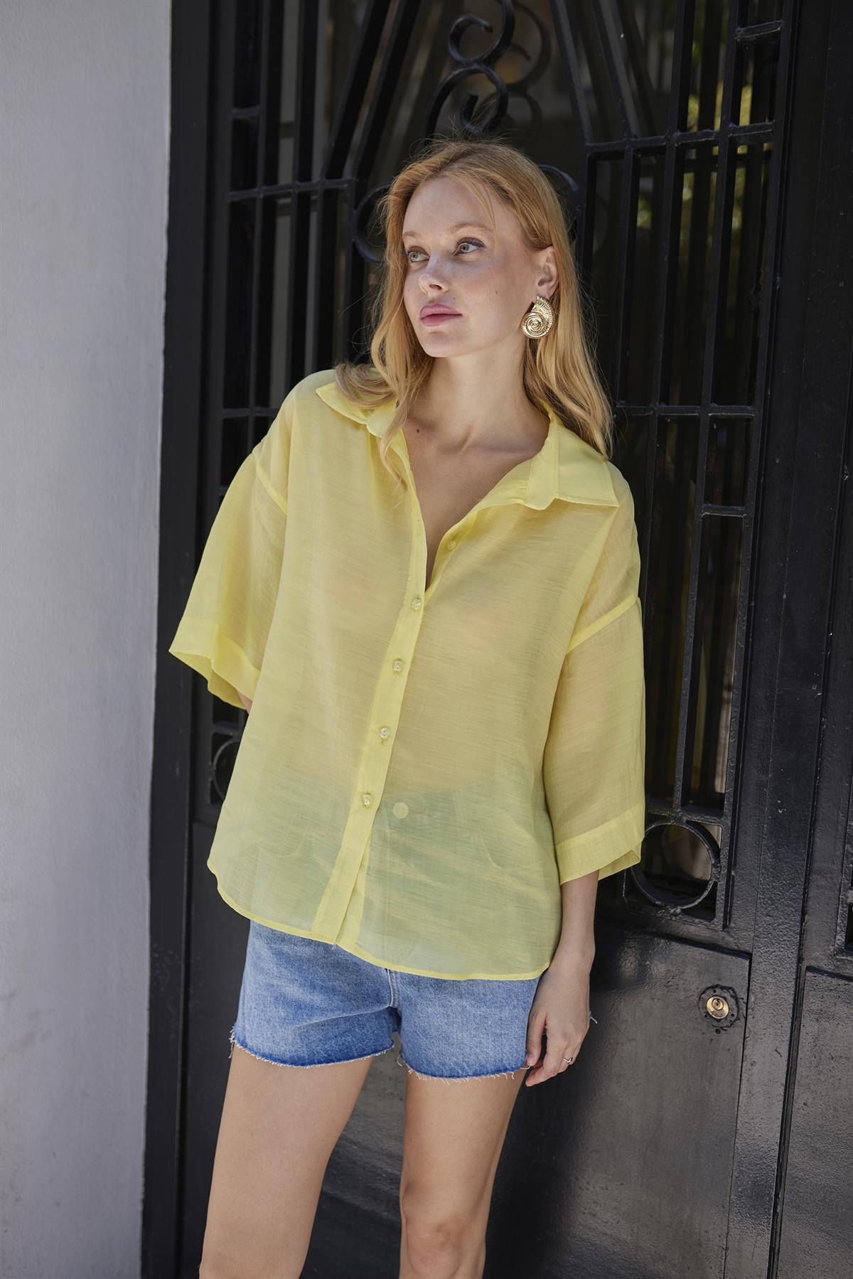 4927 OVERSIZE İPEKSİ GÖMLEK LİMON
