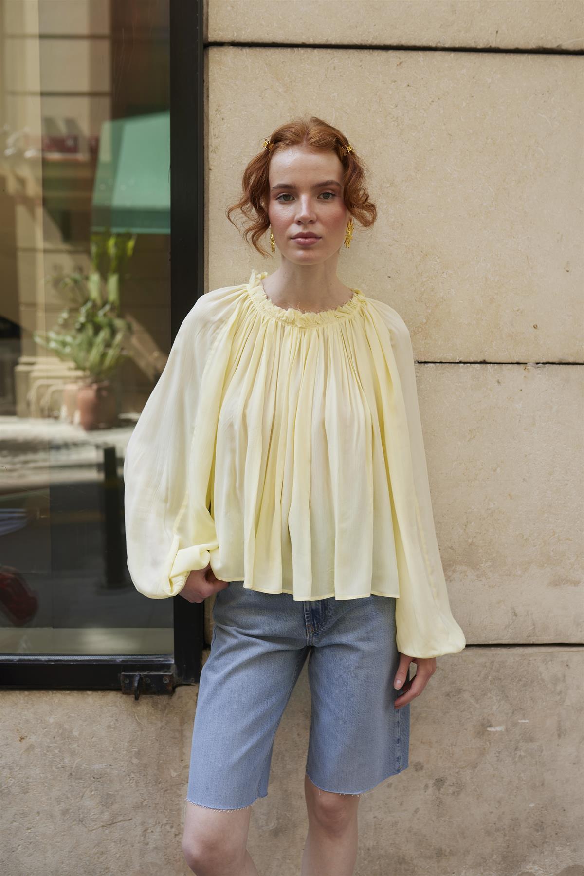 4959 YAKASI BÜZGÜLÜ BLUZ SARI