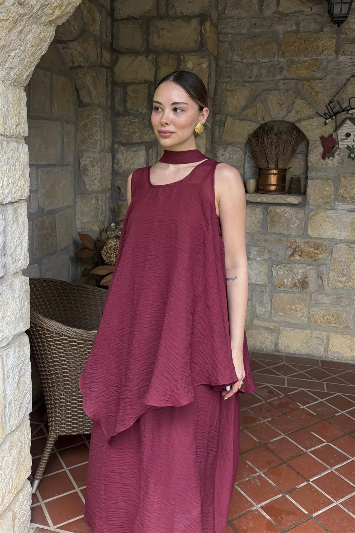 51400 KETEN ELBİSE BORDO