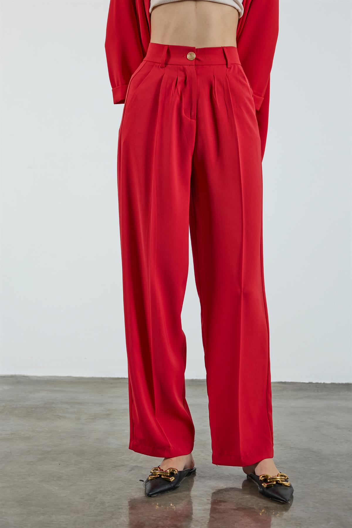 51078 PİLELİ PALAZZO PANTOLON KIRMIZI