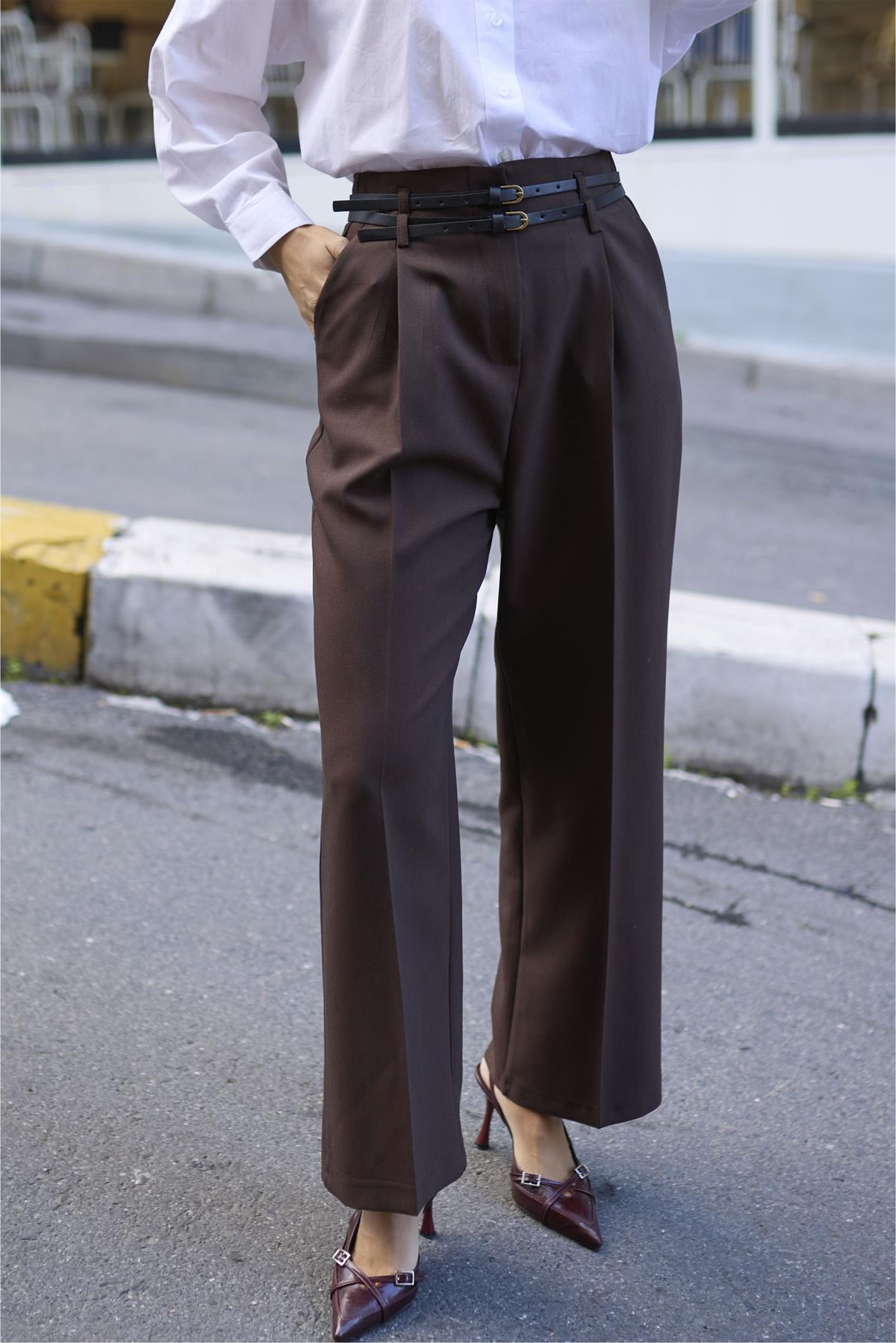 51245 ÇİFT KÖPRÜLÜ PİLELİ PANTOLON KAHVE