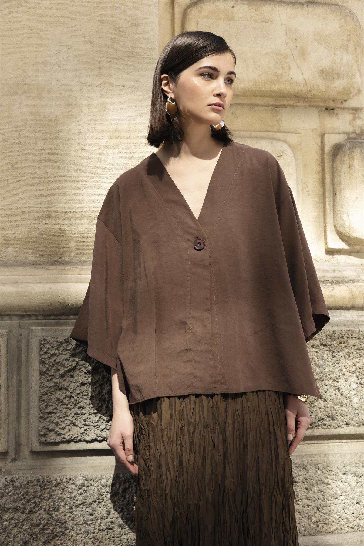 4961 ÖNDEN BAĞLAMALI BLUZ KAHVE