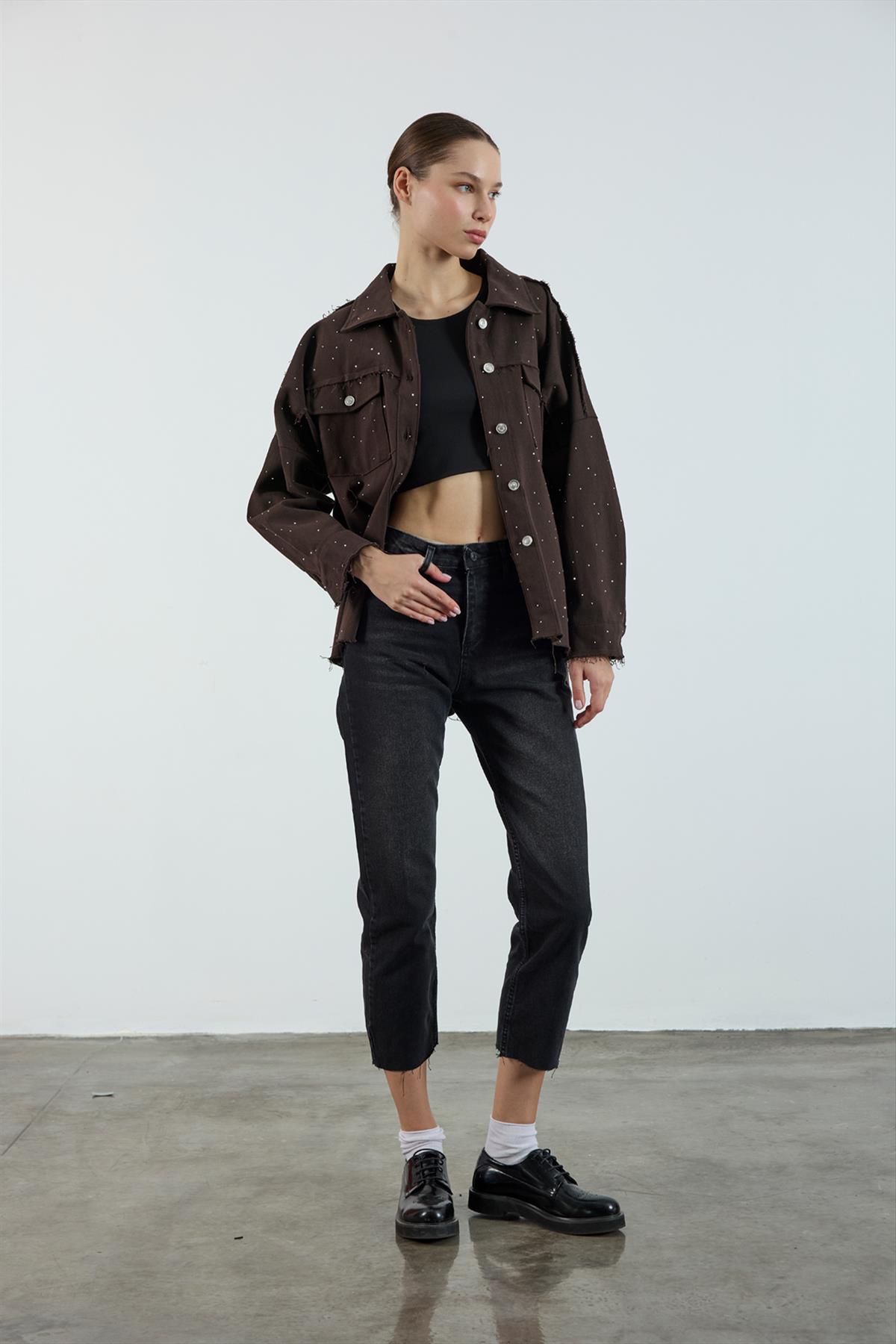 9566 GABARDİN TAŞLI CEKET KAHVE