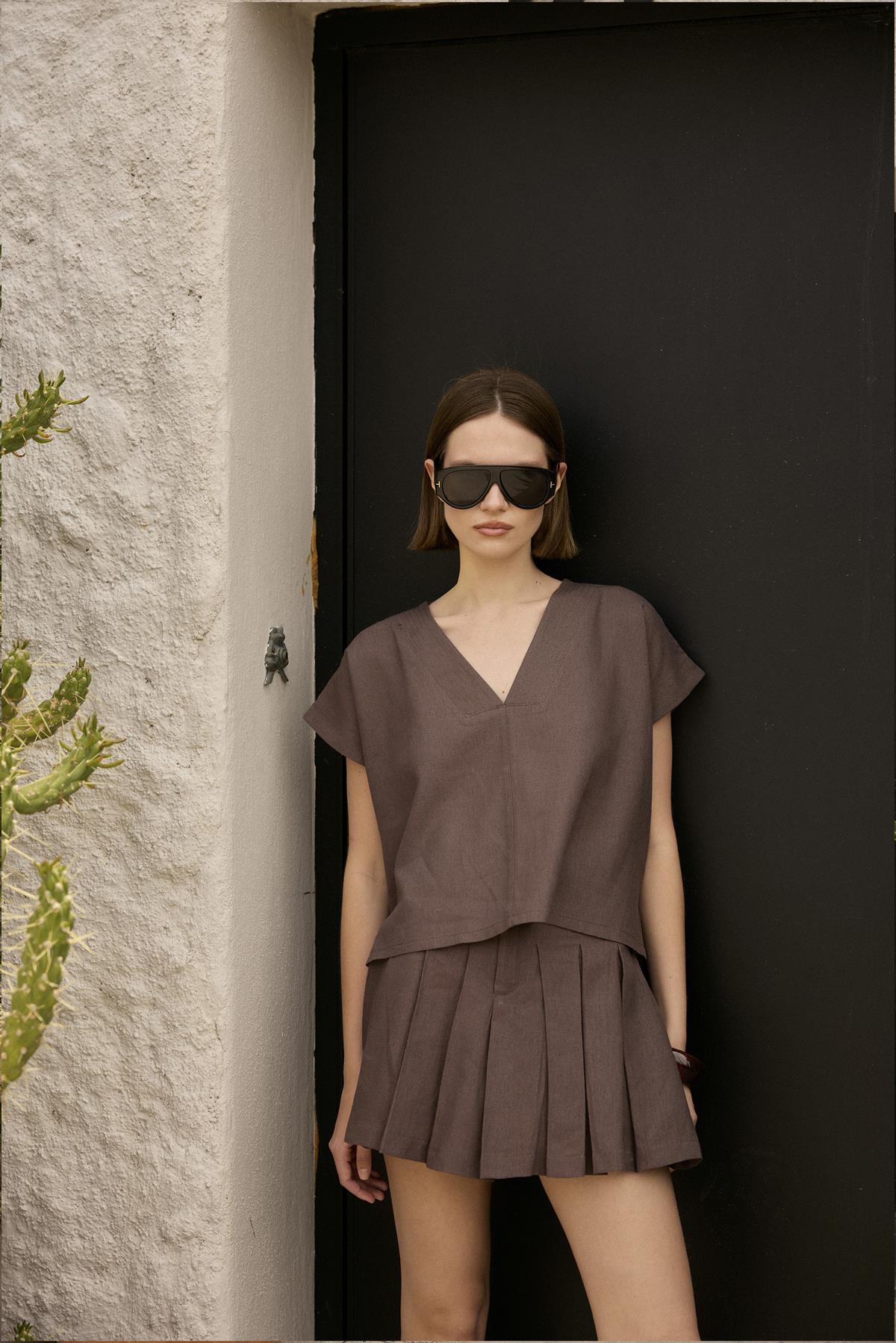 51169 BLUZ ŞORT ETEK TAKIM KAHVE