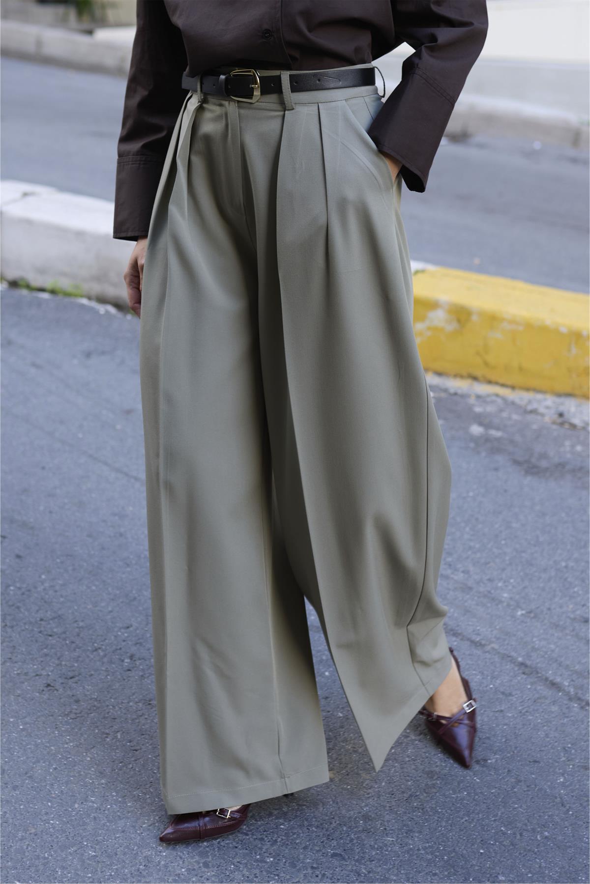 51070 PİLİLİ PALAZZO KEMERLİ PANTOLON HAKİ