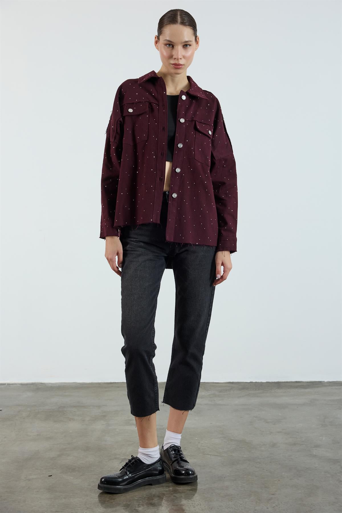 9566 GABARDİN TAŞLI CEKET MÜRDÜM