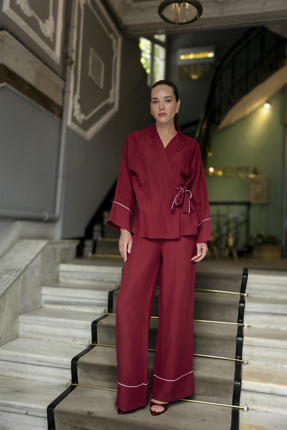 51144 BAĞCIKLI CEKET PANTOLON TAKIM BORDO