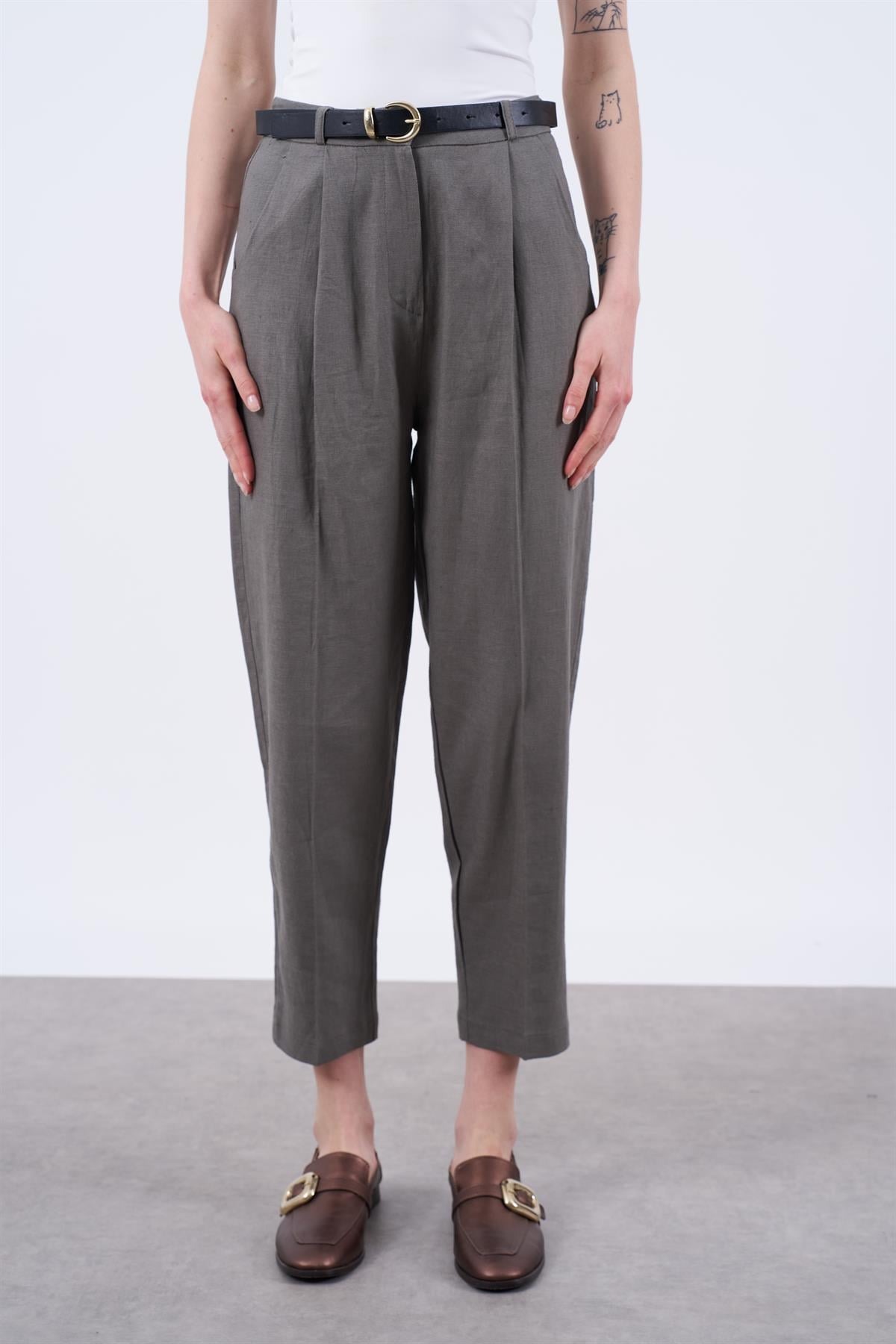 50985 KEMERLİ KETEN PANTOLON HAKİ