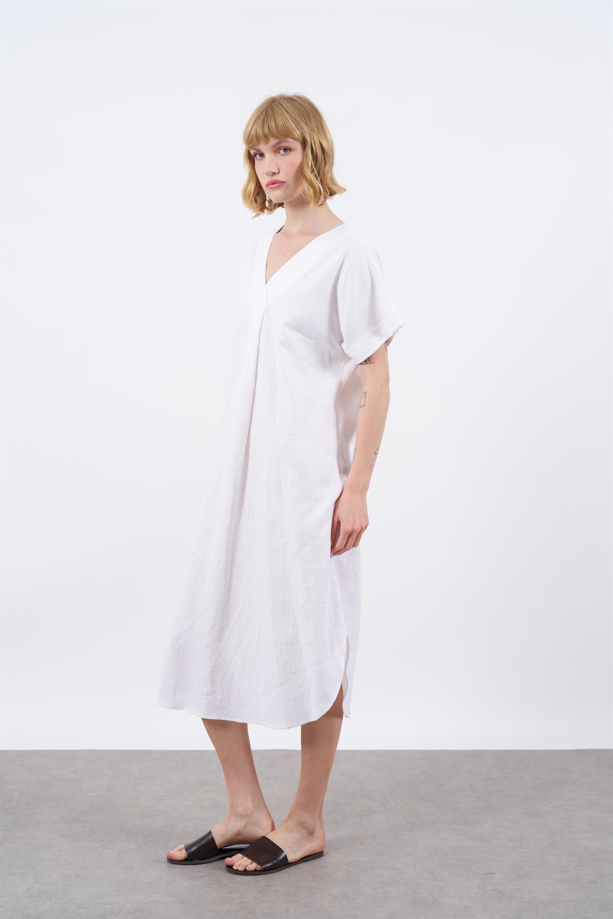 3131 KETEN ELBİSE(2835) BEYAZ