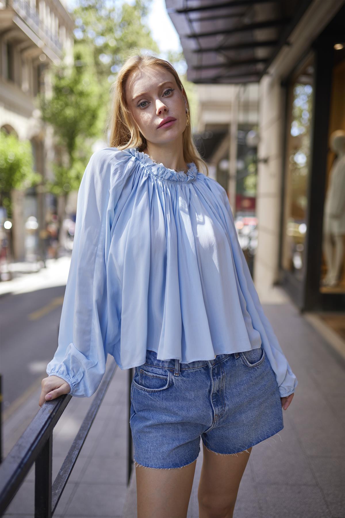 4959 YAKASI BÜZGÜLÜ BLUZ BEBE MAVİ