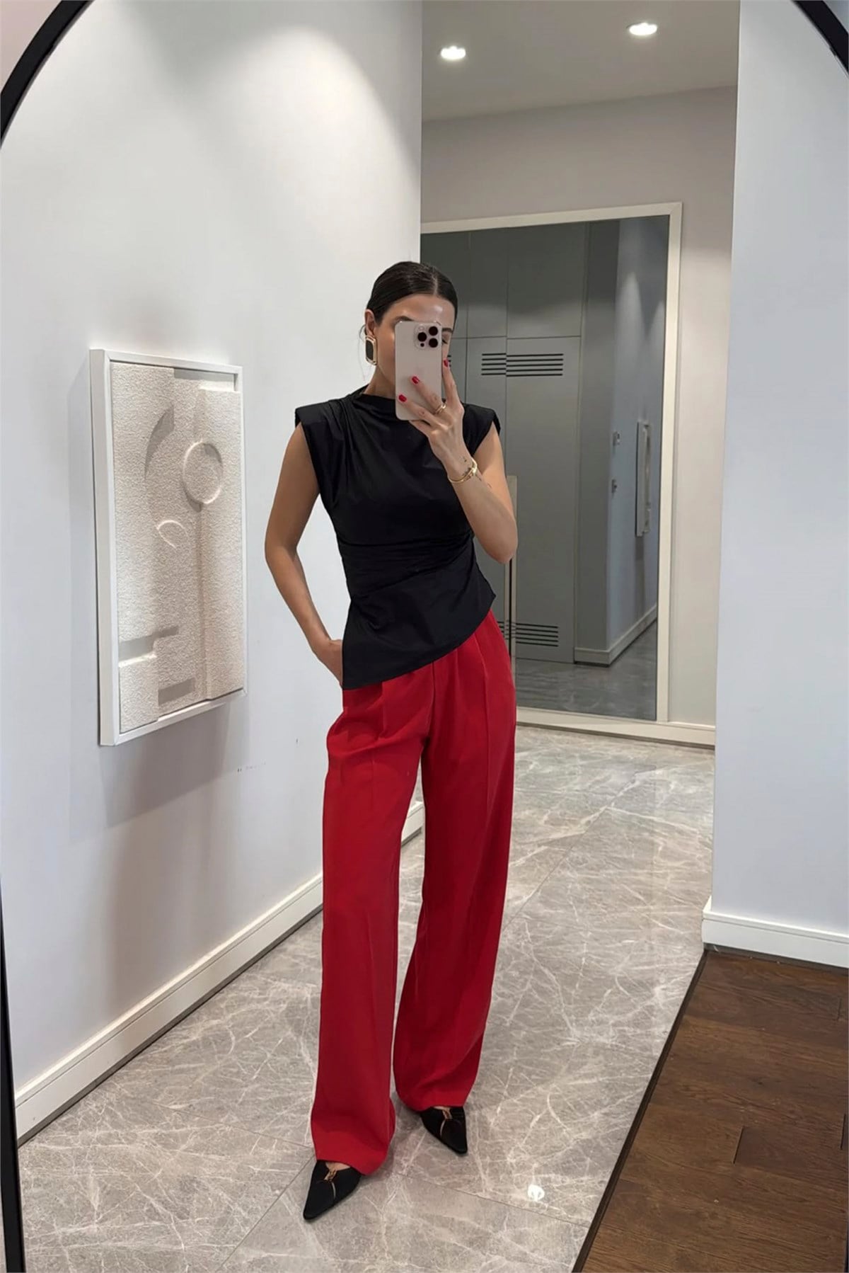 51078 PİLELİ PALAZZO PANTOLON KIRMIZI