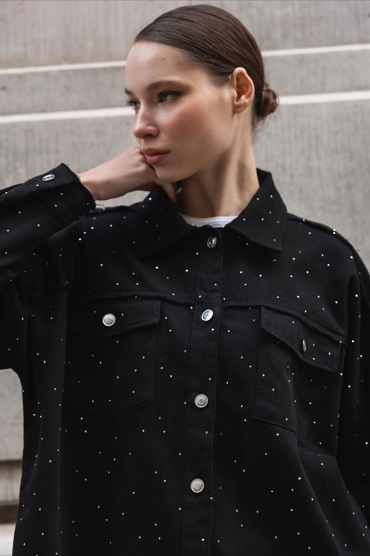 9566 GABARDİN TAŞLI CEKET SİYAH