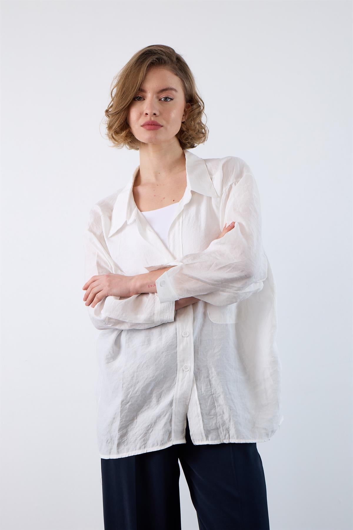 4612 DÜŞÜK OMUZLU OVERSİZE GÖMLEK BEYAZ