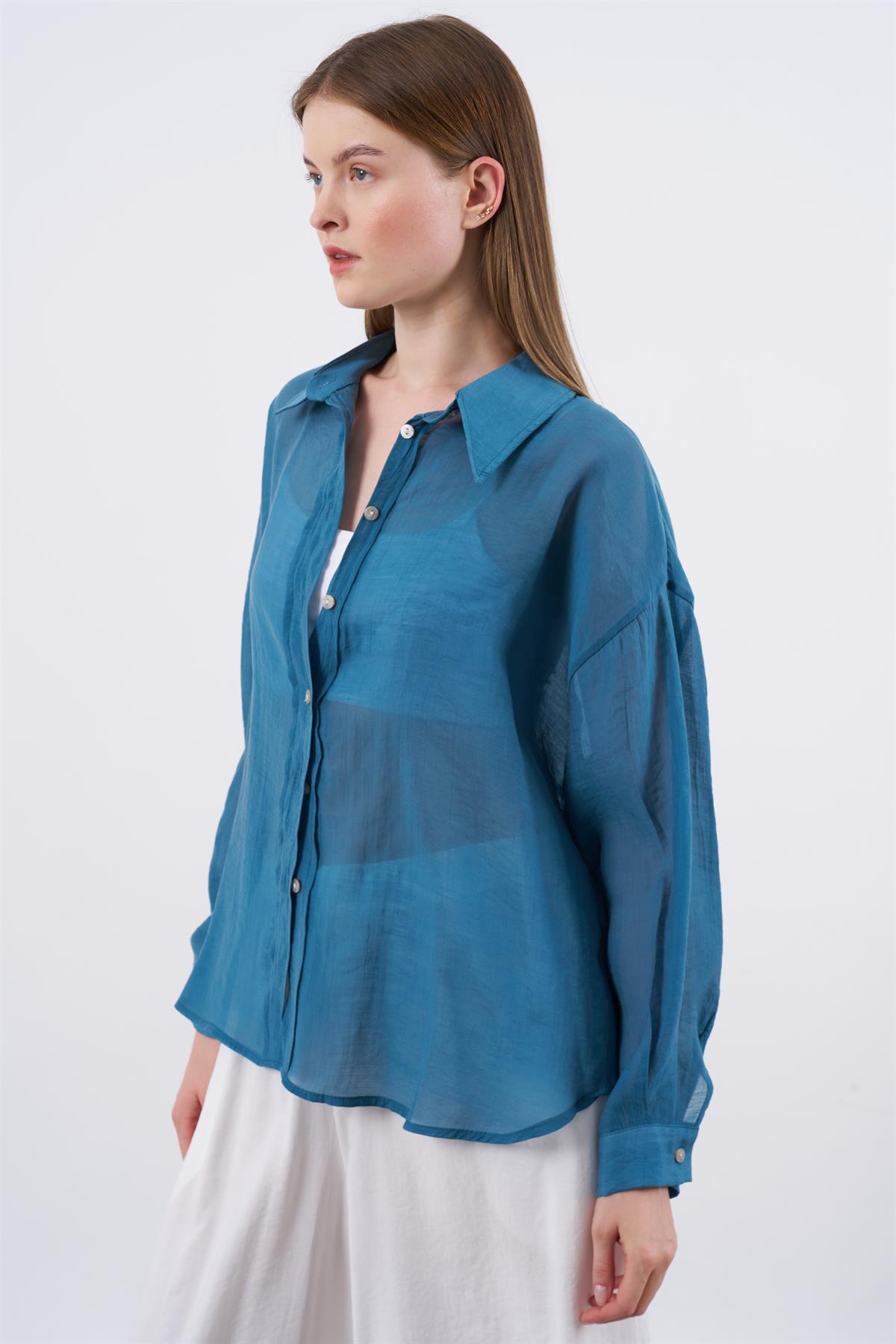 4924 OVERSIZE İPEKSİ GÖMLEK PETROL MAVİ