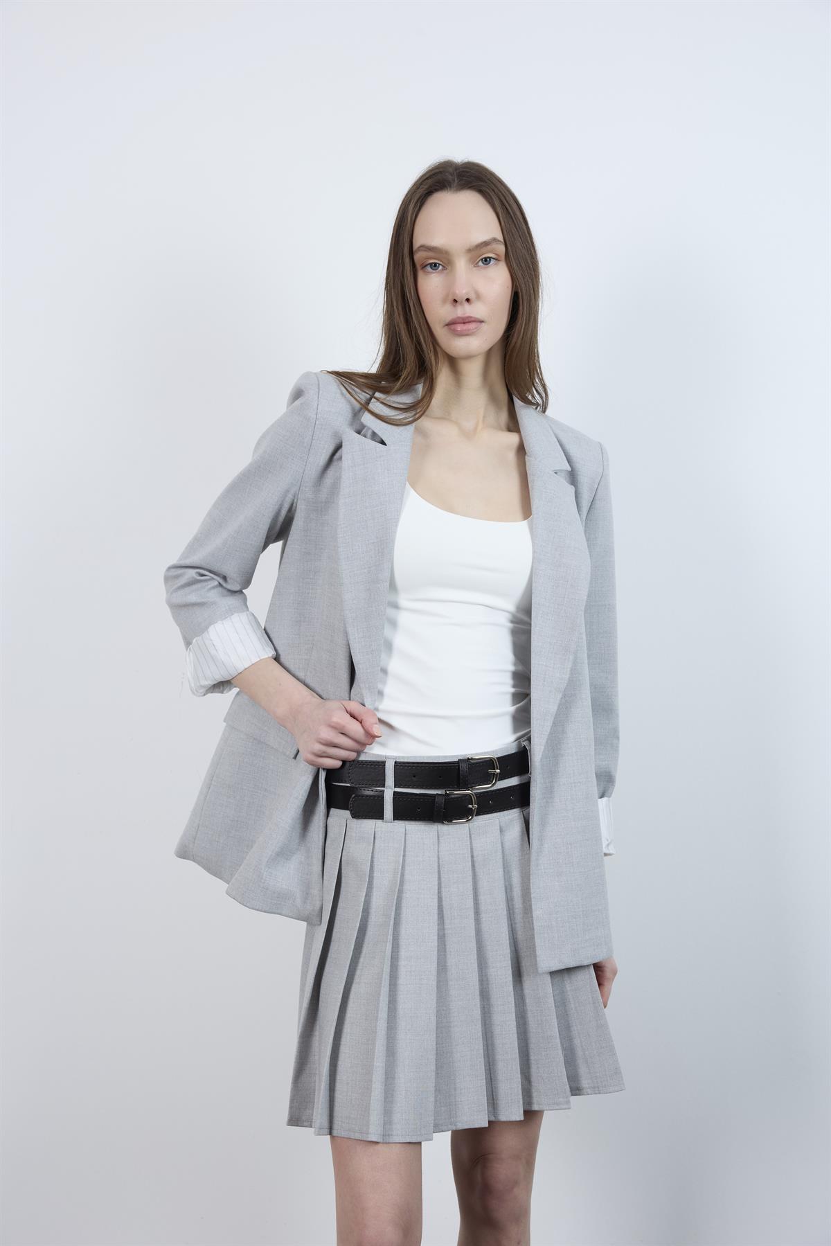 3239 PİLİLİ ÇİFT KEMERLİ ETEK GRİ