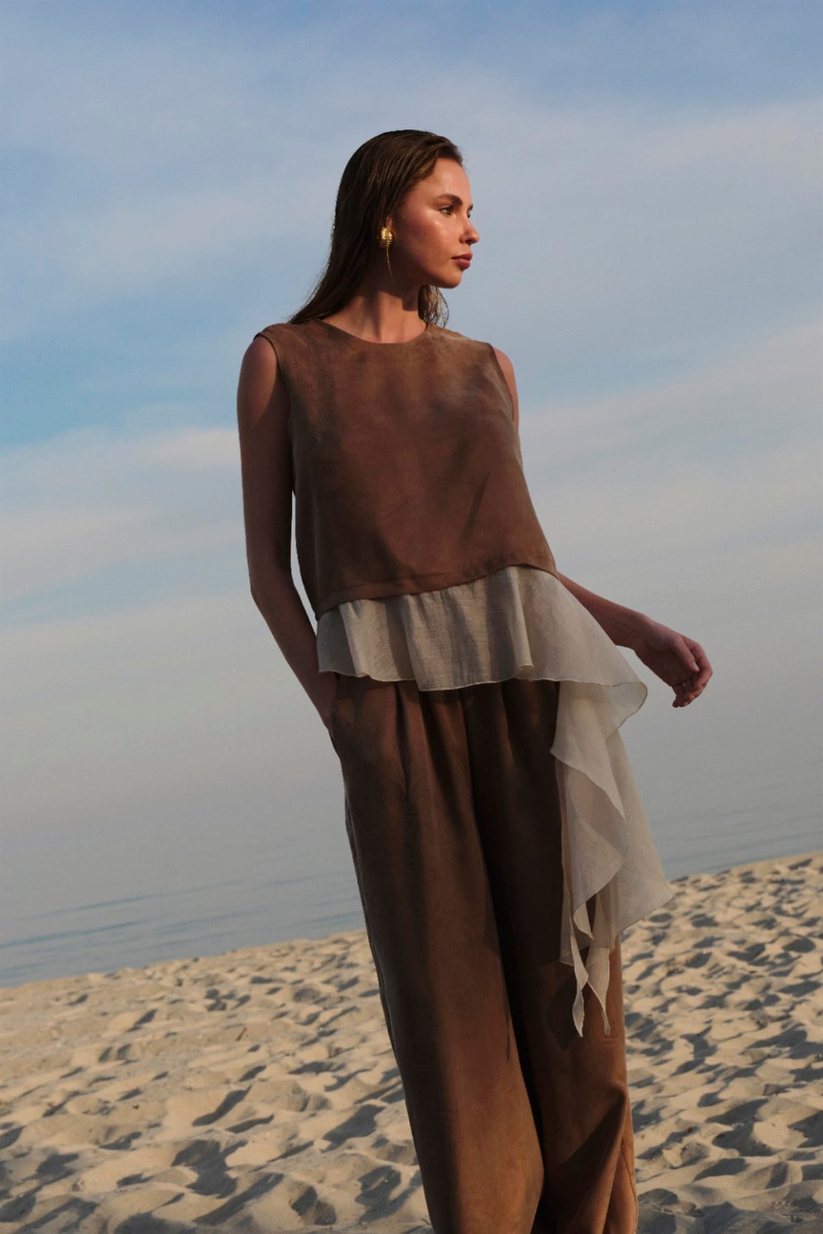 51391 GARNİLİ BLUZ PANTOLON TAKIM BRONZ
