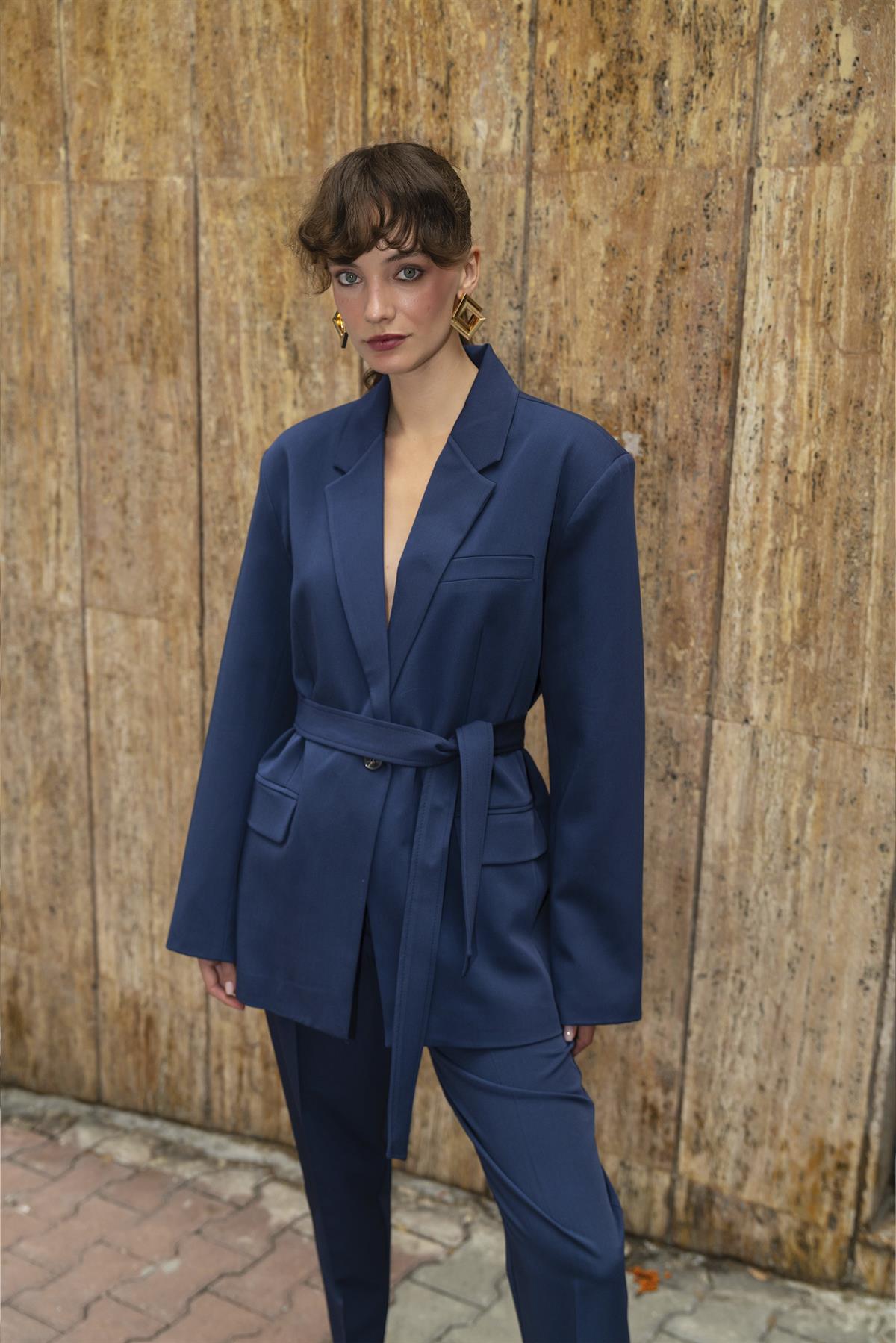 9597 CEKET KEMERLİ PANTOLON TAKIM LACİVERT