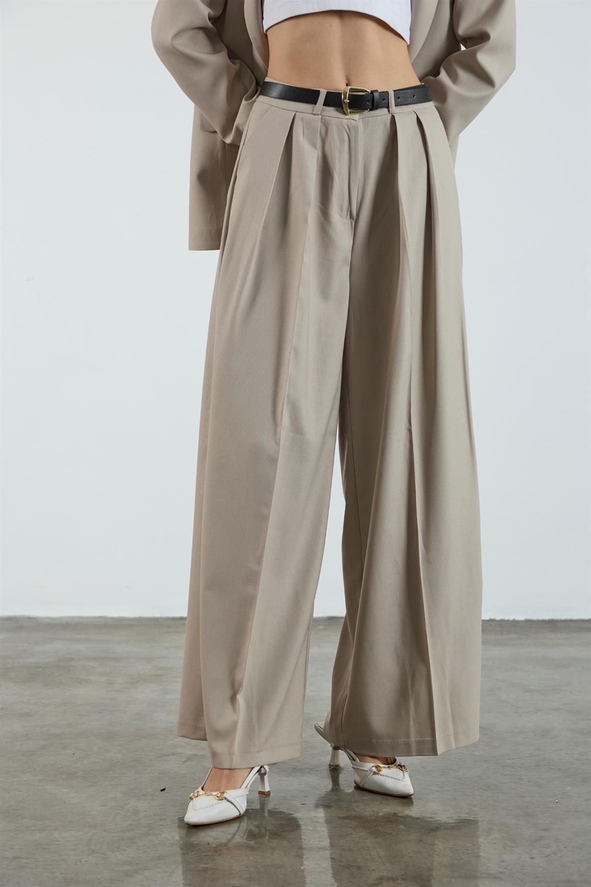 51070 PİLİLİ PALAZZO KEMERLİ PANTOLON TAŞ