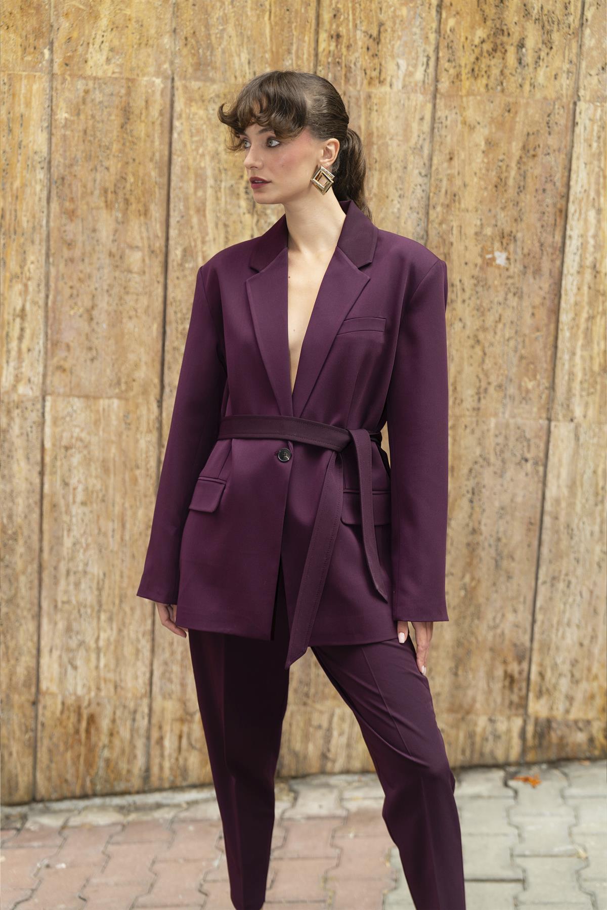 9597 CEKET KEMERLİ PANTOLON TAKIM MÜRDÜM