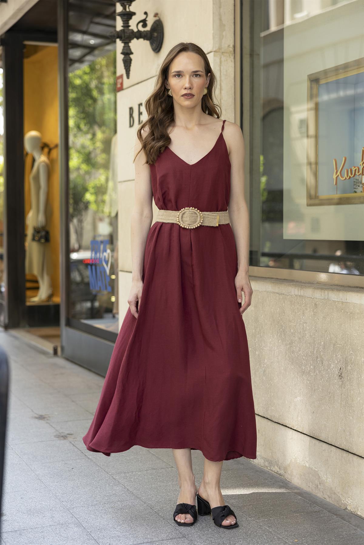 3303 İP ASKILI KEMERLİ ELBİSE BORDO