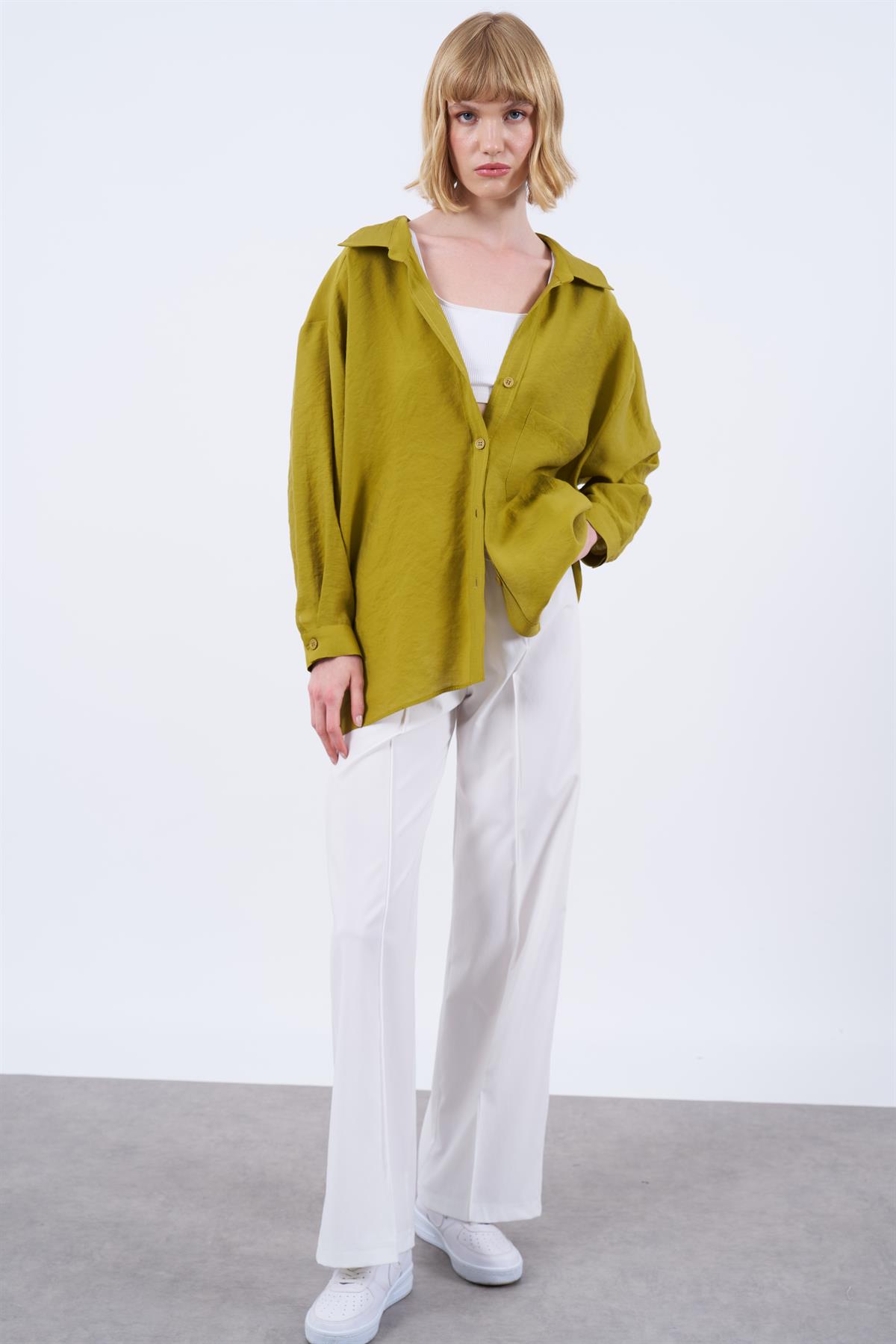 4612 DÜŞÜK OMUZLU OVERSİZE GÖMLEK YAĞ YEŞİLİ