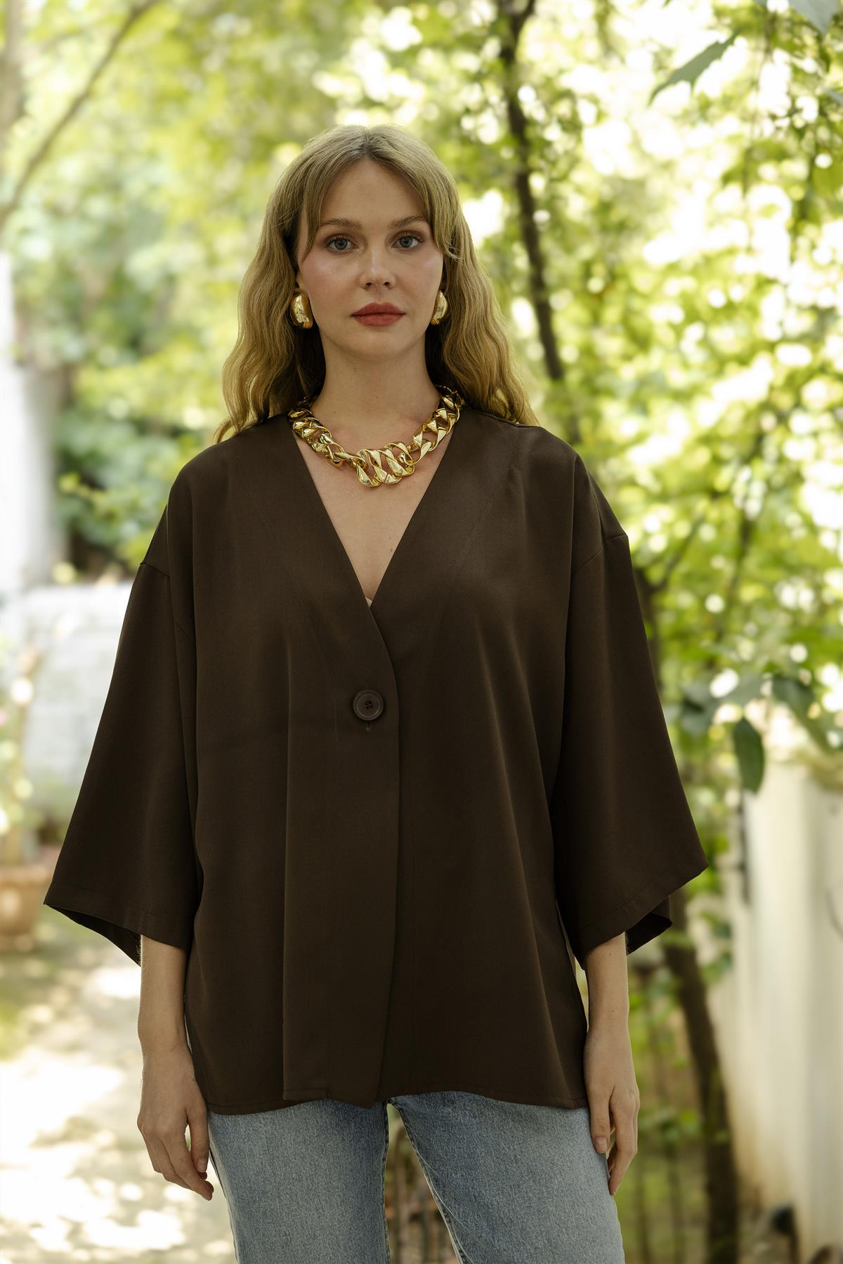 4972 ÖNDEN BAĞLAMALI BLUZ KAHVE